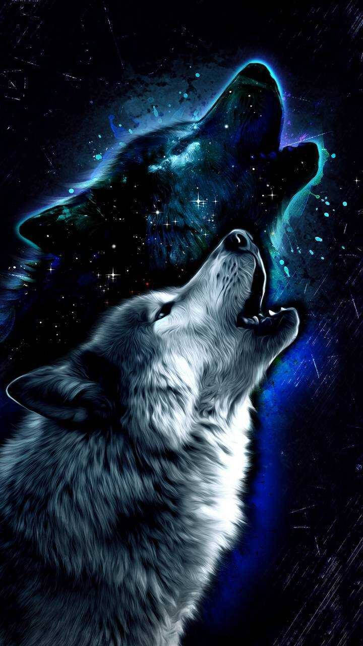 狼 桌布 壁紙 — 一隻狼對著充滿星星和星雲的宇宙背景向上嚎叫，散發著電藍色和藍綠色的光芒。