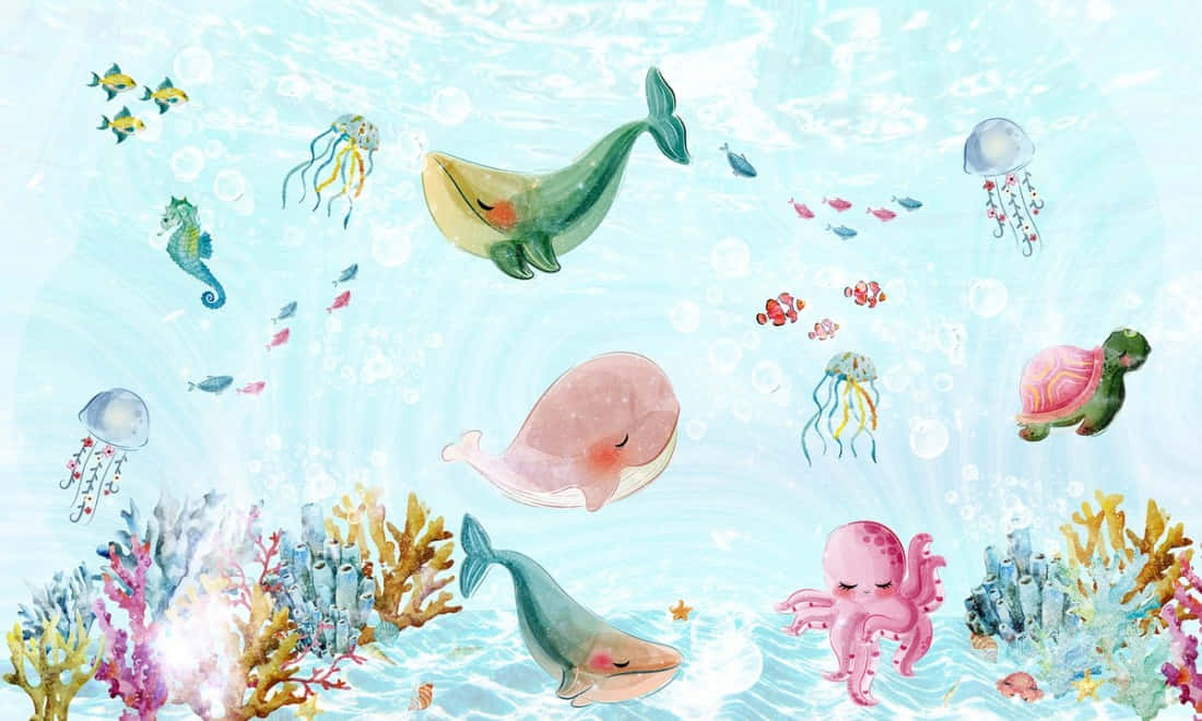 鯨魚、章魚和水母在粉彩水下場景中的珊瑚礁間游動。