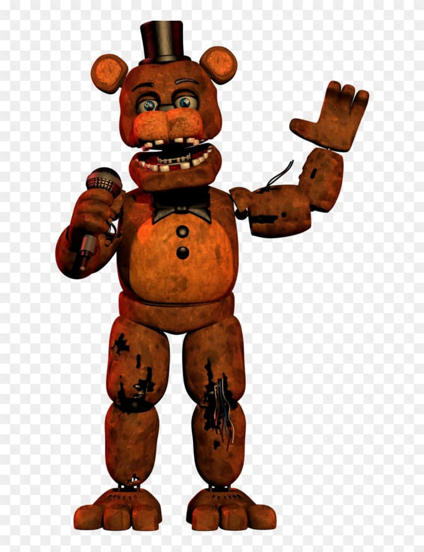 Freddy 桌布 壁紙 — 一隻生鏽的棕色機械熊戴著高帽，揮舞著手，同時拿著一個有明顯磨損的麥克風。