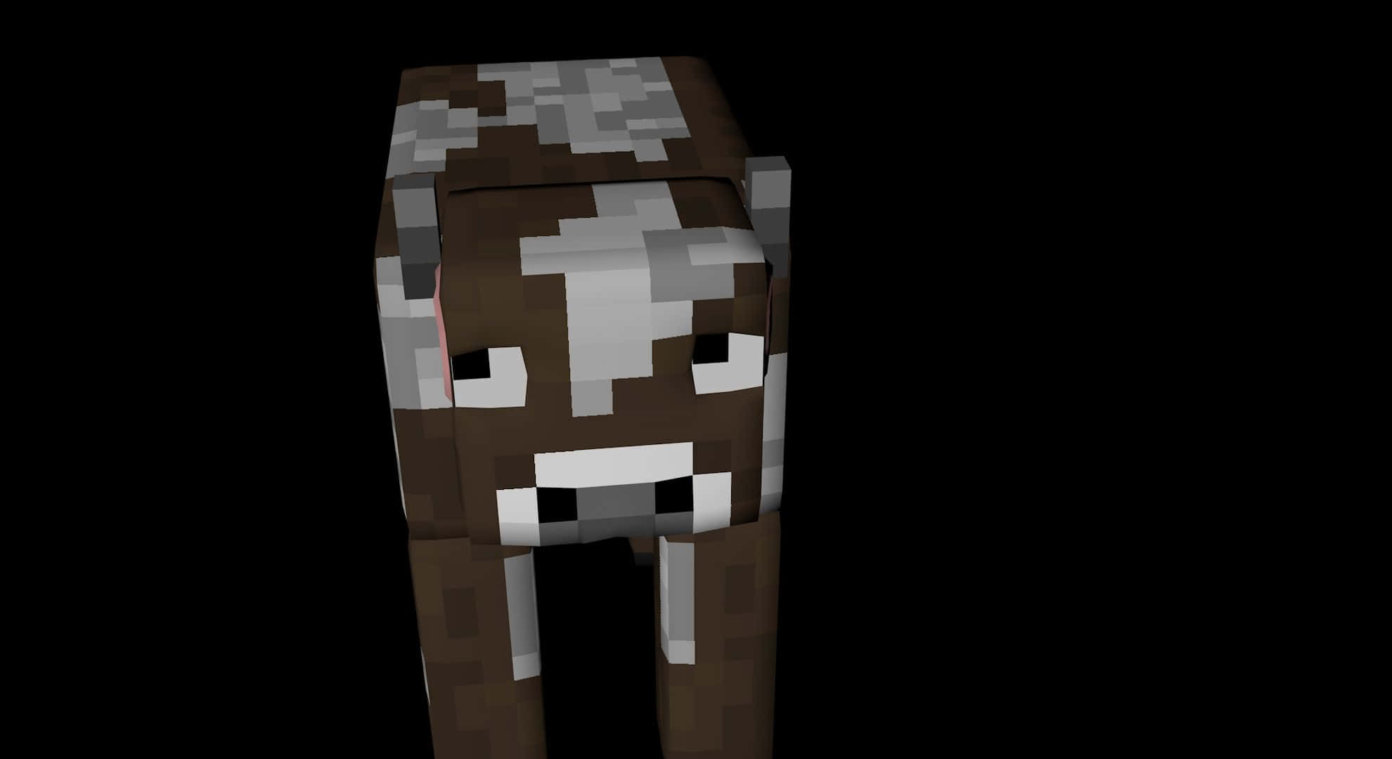 Minecraft Cow 桌布 壁紙 — 一隻由棕色和白色方塊組成的像素化牛，站在純黑色背景前。