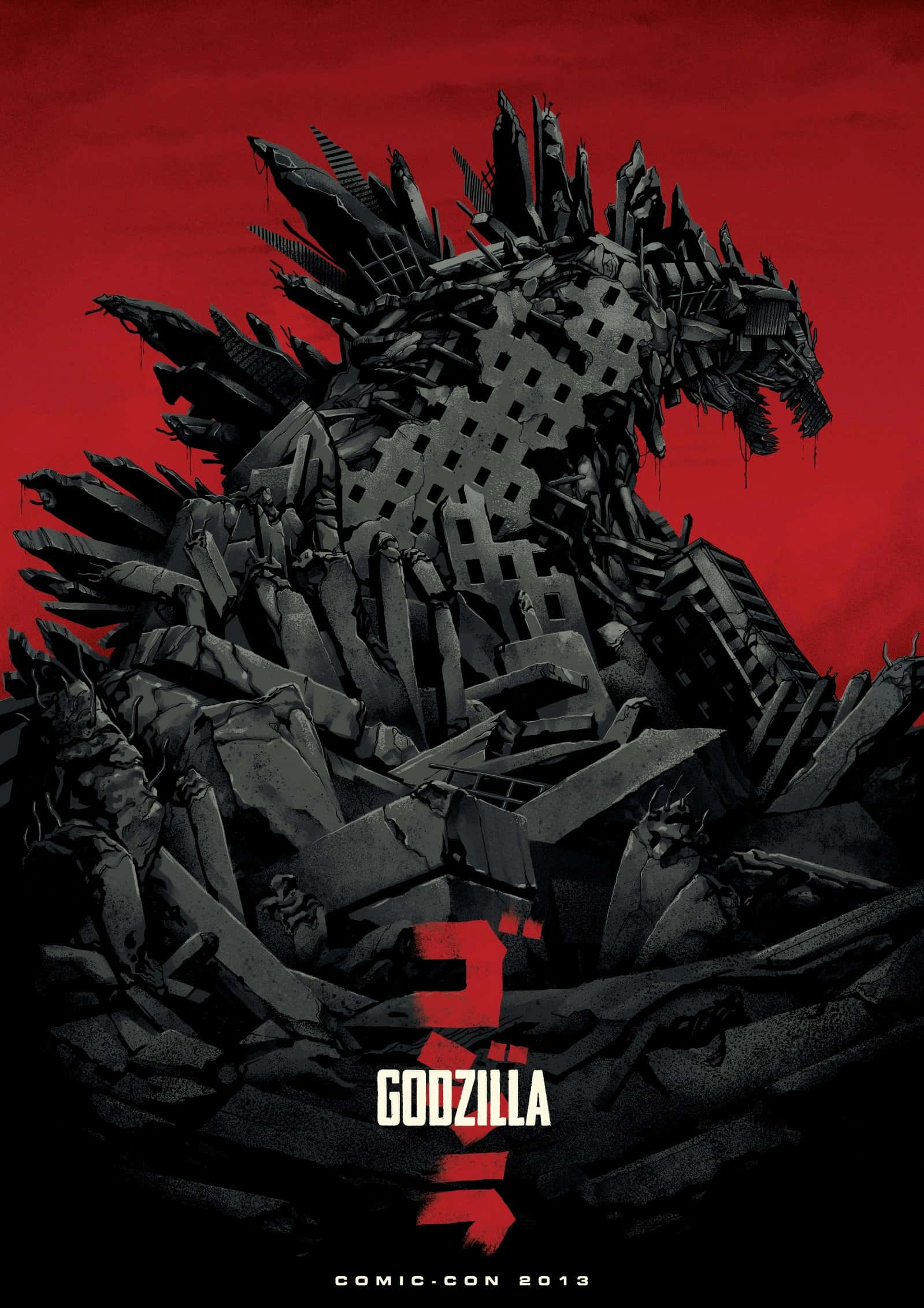 godzilla 1998 桌布 壁紙 — 一隻由破碎混凝土和鋼鐵製成的巨大哥斯拉，在血紅色的天空下以戲劇性的漫畫風格崛起。