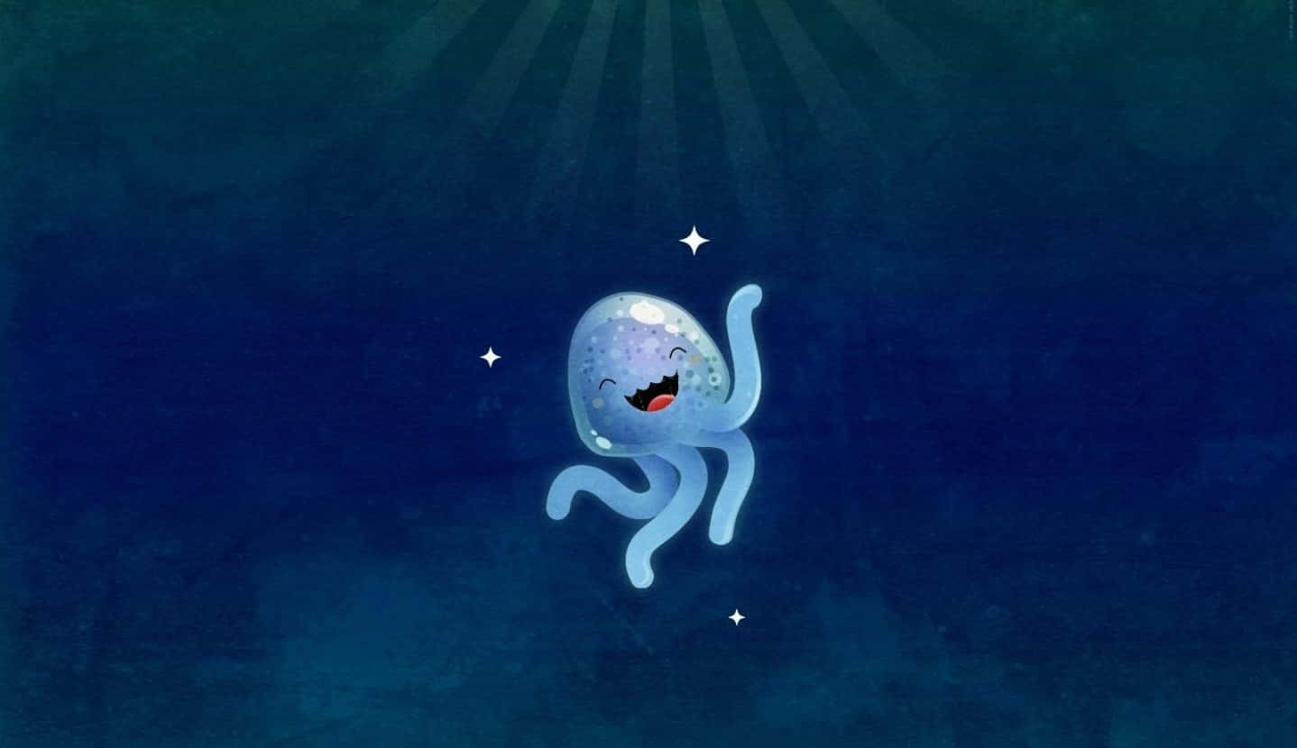 Cute Animations 桌布 壁紙 — 一隻發光嘅開心八爪魚帶住燦爛笑容漂浮喺深藍色海水入面，陽光從上方穿透落嚟。