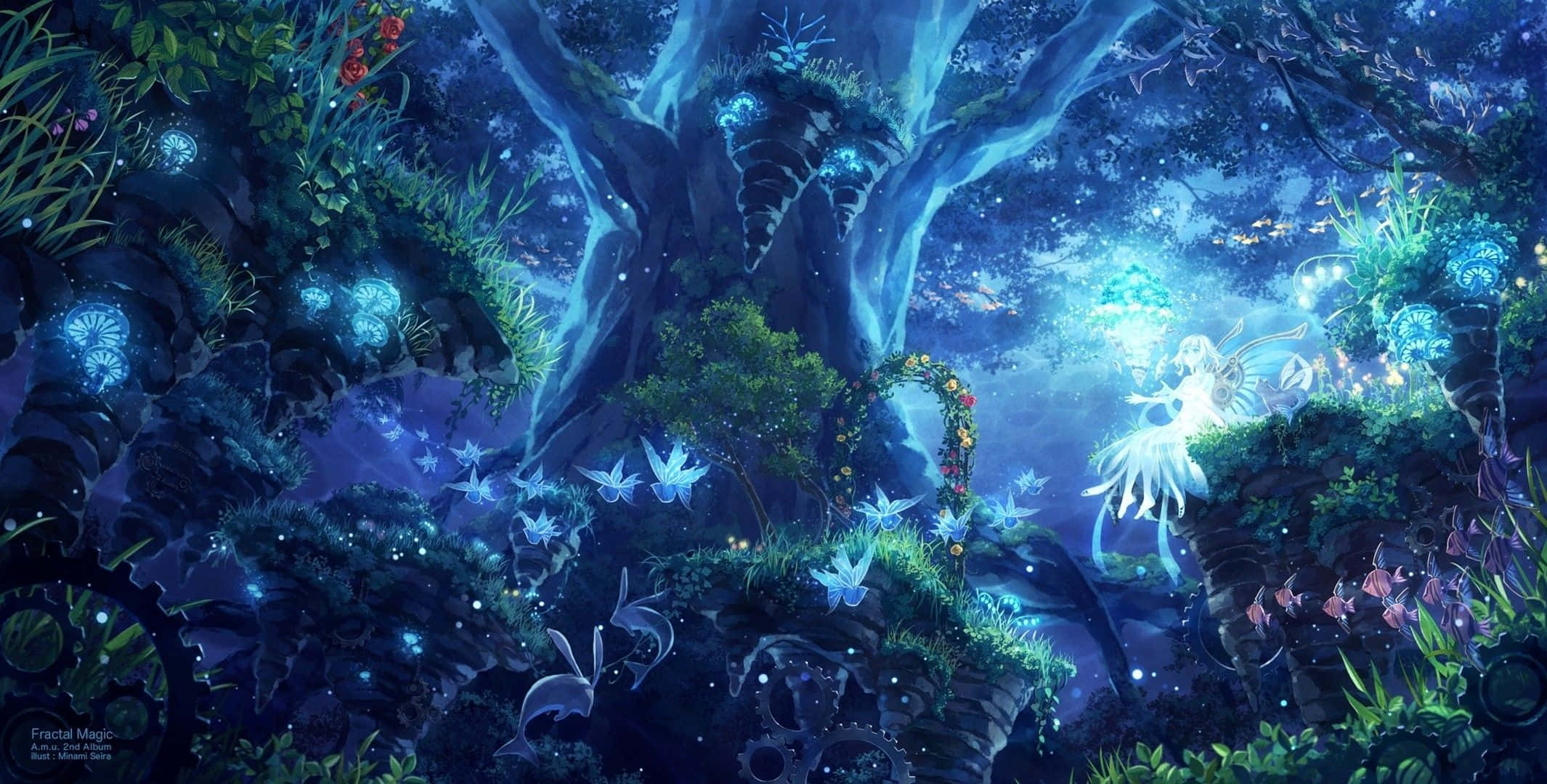 Anime Forest 桌布 壁紙 — 一隻發光的仙女揮動翅膀，在神秘的暮光森林中，於發光的藍色蘑菇和閃爍的蝴蝶之間起舞。