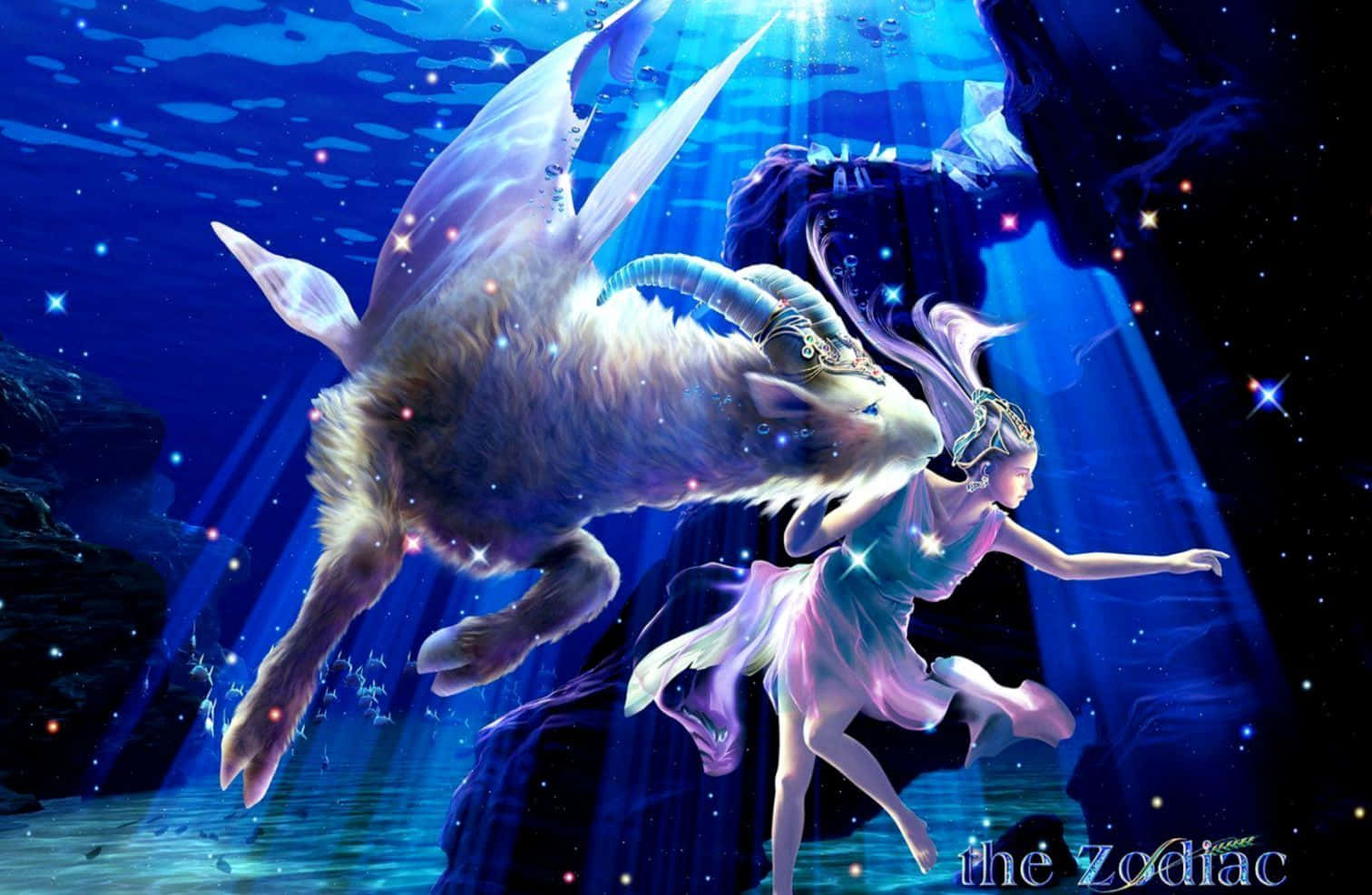 aries 桌布 壁紙 — 一隻發光的星座山羊和一位星光少女在沐浴著燦爛藍光的宇宙水下領域中滑行。