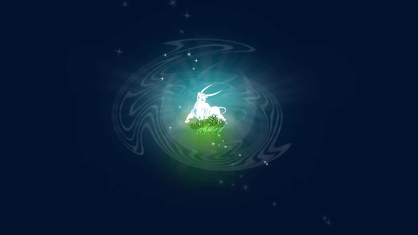 taurus 桌布 壁紙 — 一隻發光的白色山羊站在一片綠色草地上，周圍環繞著旋轉的光和星星，背景是深藍色的宇宙。