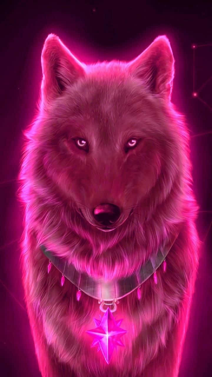 Red Wolf 桌布 壁紙 — 一隻發光的粉紅色狼，戴著星星吊墜，在黑暗的宇宙背景下強烈凝視。