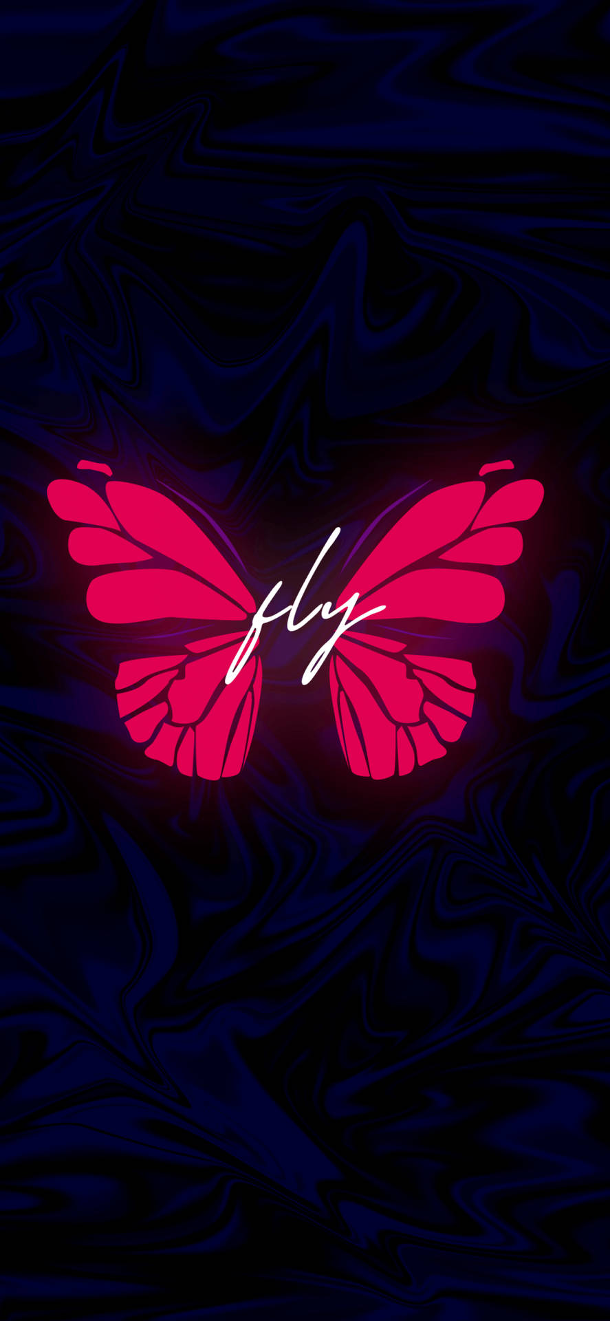 深藍色大理石紋背景上，發光的粉紅色蝴蝶與「fly」字樣。