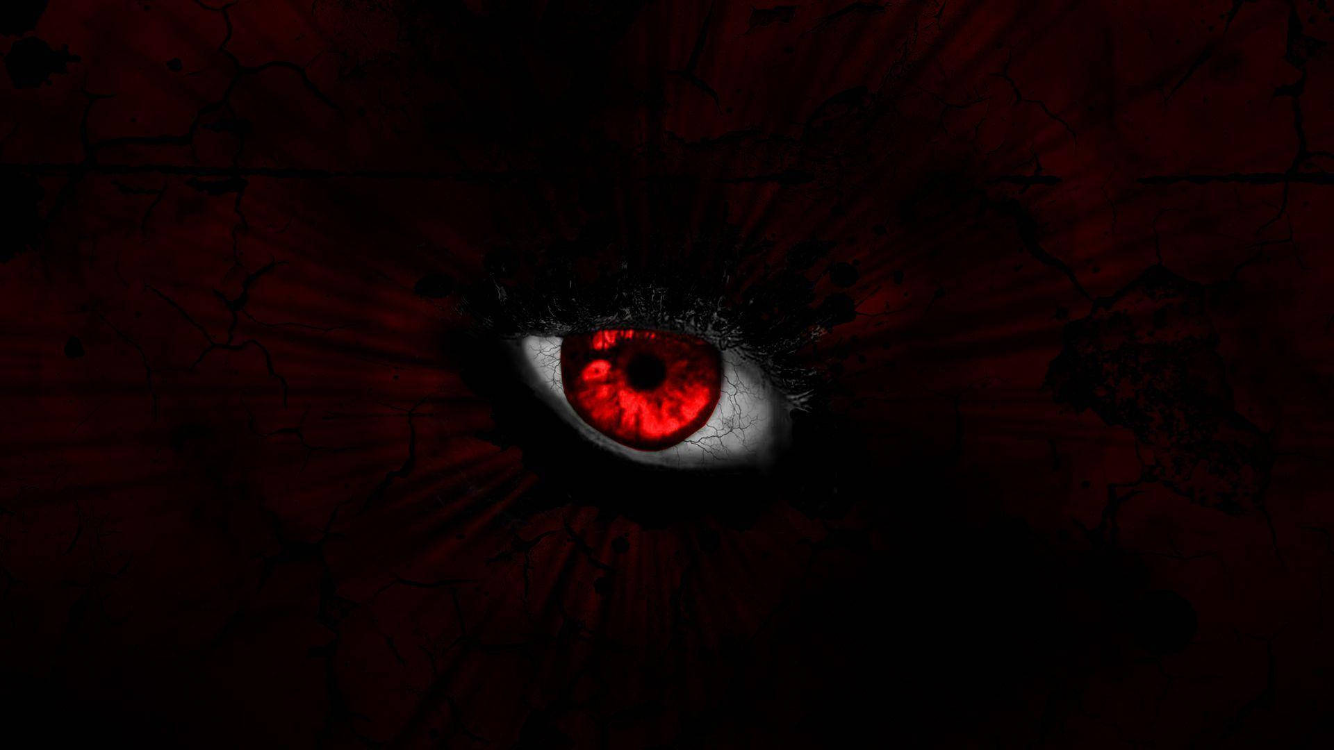 Evil Eye 桌布 壁紙 — 一隻發光的紅色眼睛透過裂開的暗紅色表面凝視，散發出不祥的能量。