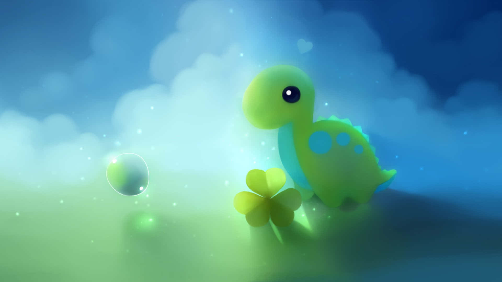 Cute Dinosaur 桌布 壁紙 — 一隻發光的綠色卡通恐龍站在四葉草旁邊，背景是柔和的藍天，漂浮著氣泡和心形。