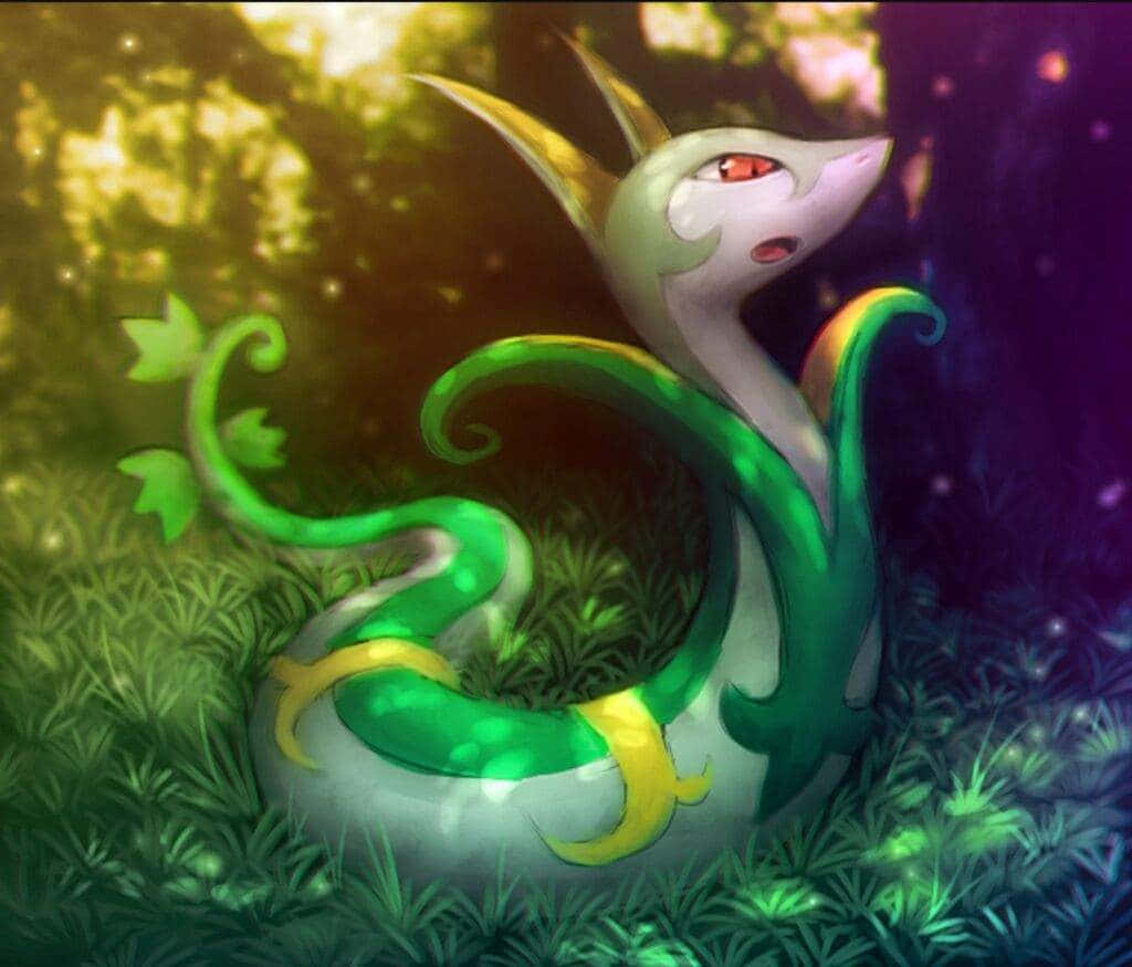 Serperior Głow Art 壁紙 — 一隻發光的綠色和白色龍狀生物，紅色眼睛，在沐浴著金色光芒的神秘森林中休息。