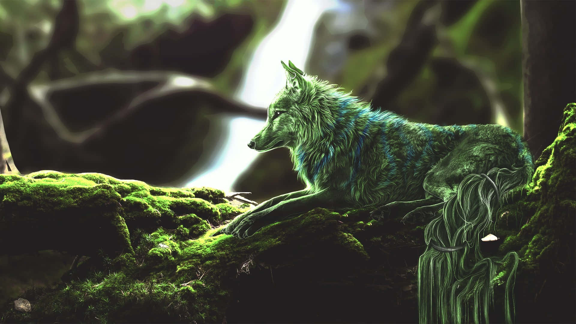 Wolf In Forest 桌布 壁紙 — 一隻發光的綠色狼在黑暗魔法森林的瀑布旁，休息在長滿苔蘚的石頭上。