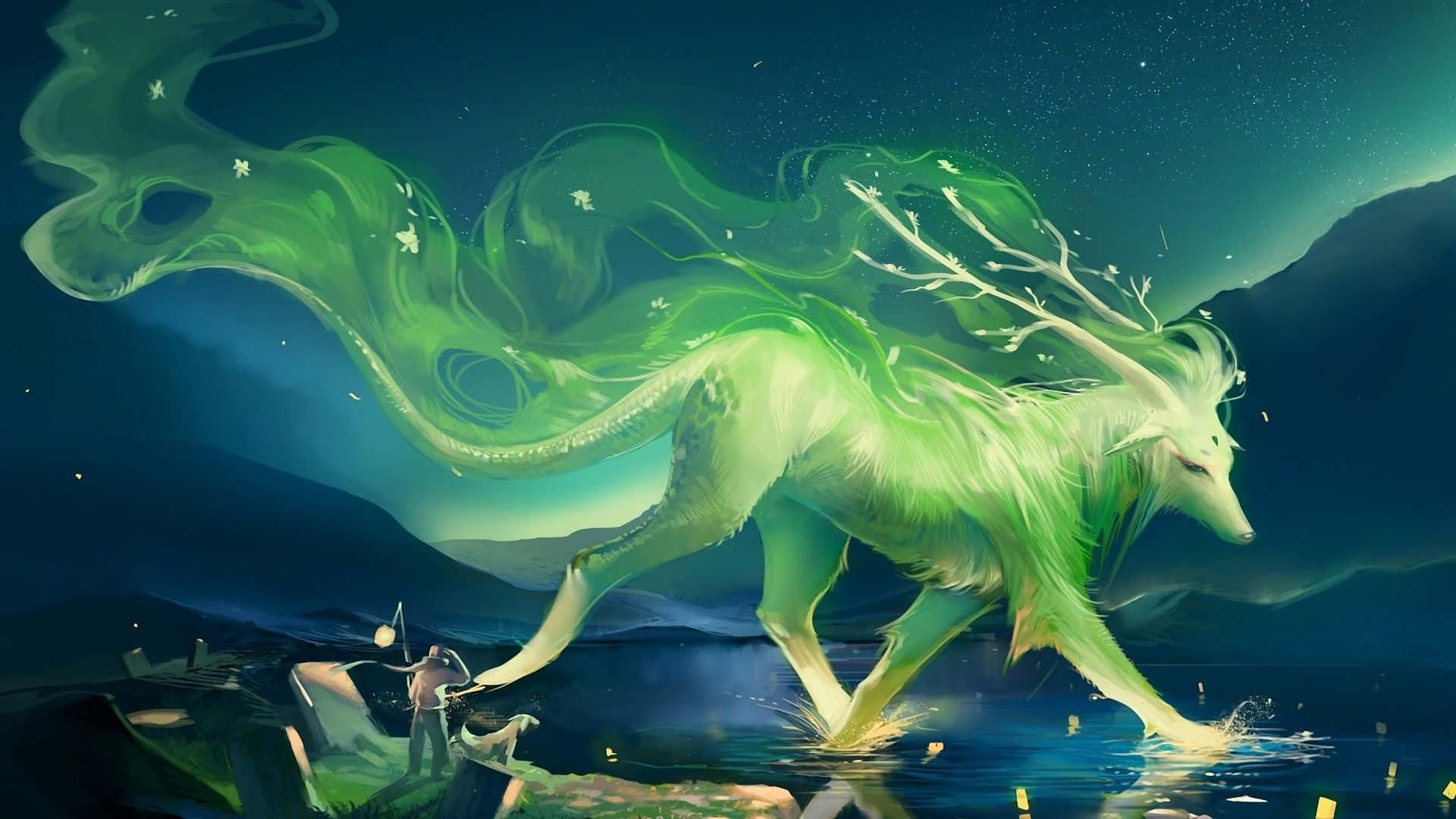 aries 桌布 壁紙 — 一隻發光的綠色神話鹿，帶有流動的樹枝作為鹿角，在繁星點點的夜空下涉水而行，一個小人影在岸邊觀看。
