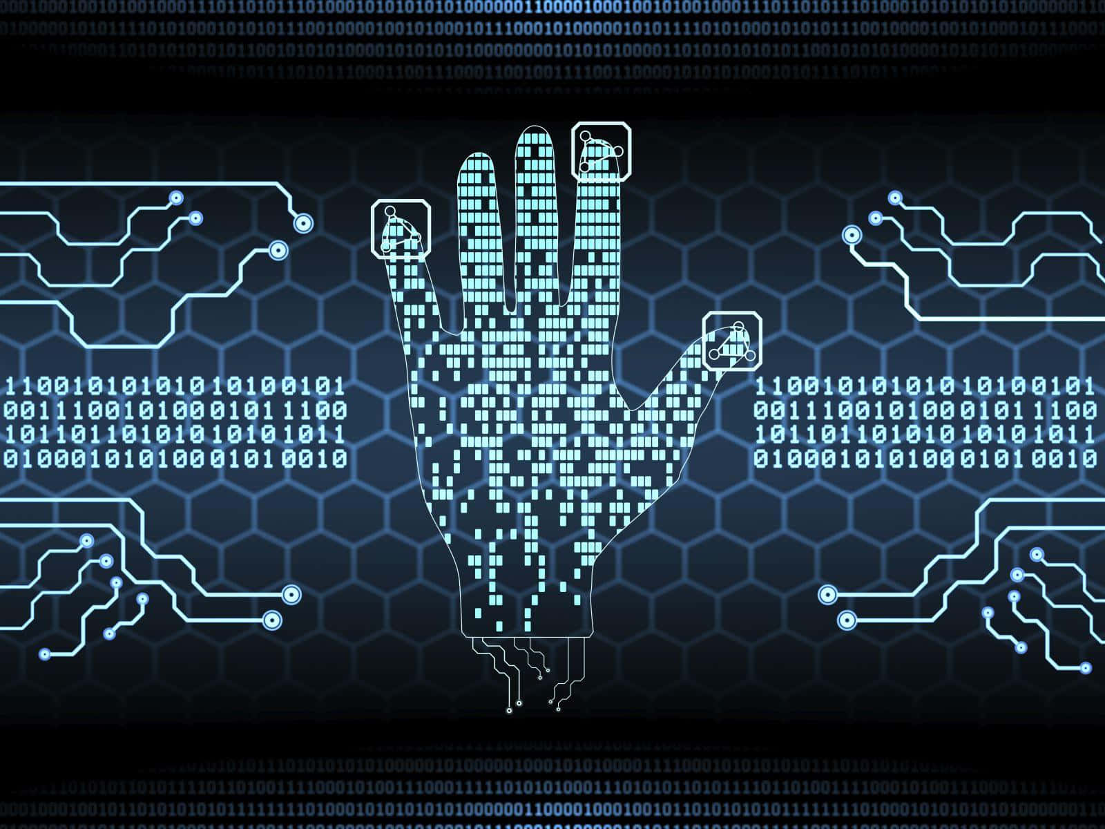 Cyber Security 桌布 壁紙 — 一隻發光的藍色像素手從一個帶有浮動二進制代碼和機械人圖標的深色六角形電路板中浮現。