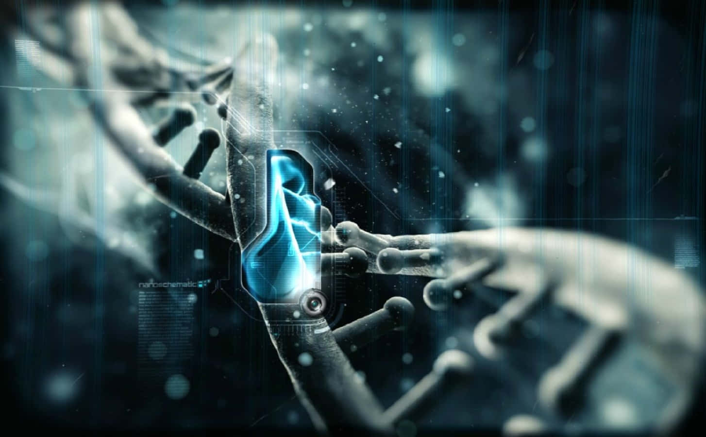 AI 桌布 壁紙 — 一隻發光的藍色數位手與半透明的DNA鏈互動，背景為未來科技風格。
