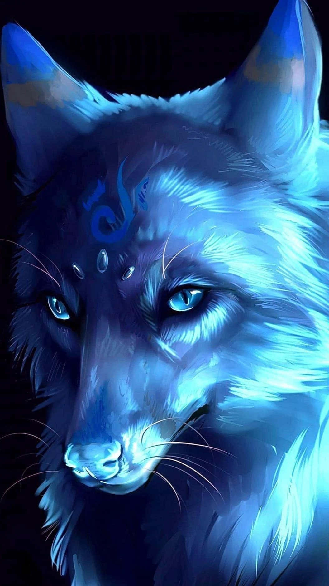 anime wolf 桌布 壁紙 — 一隻發光的藍色狼，擁有發光的眼睛和神秘的標記，在黑暗背景下強烈地凝視。