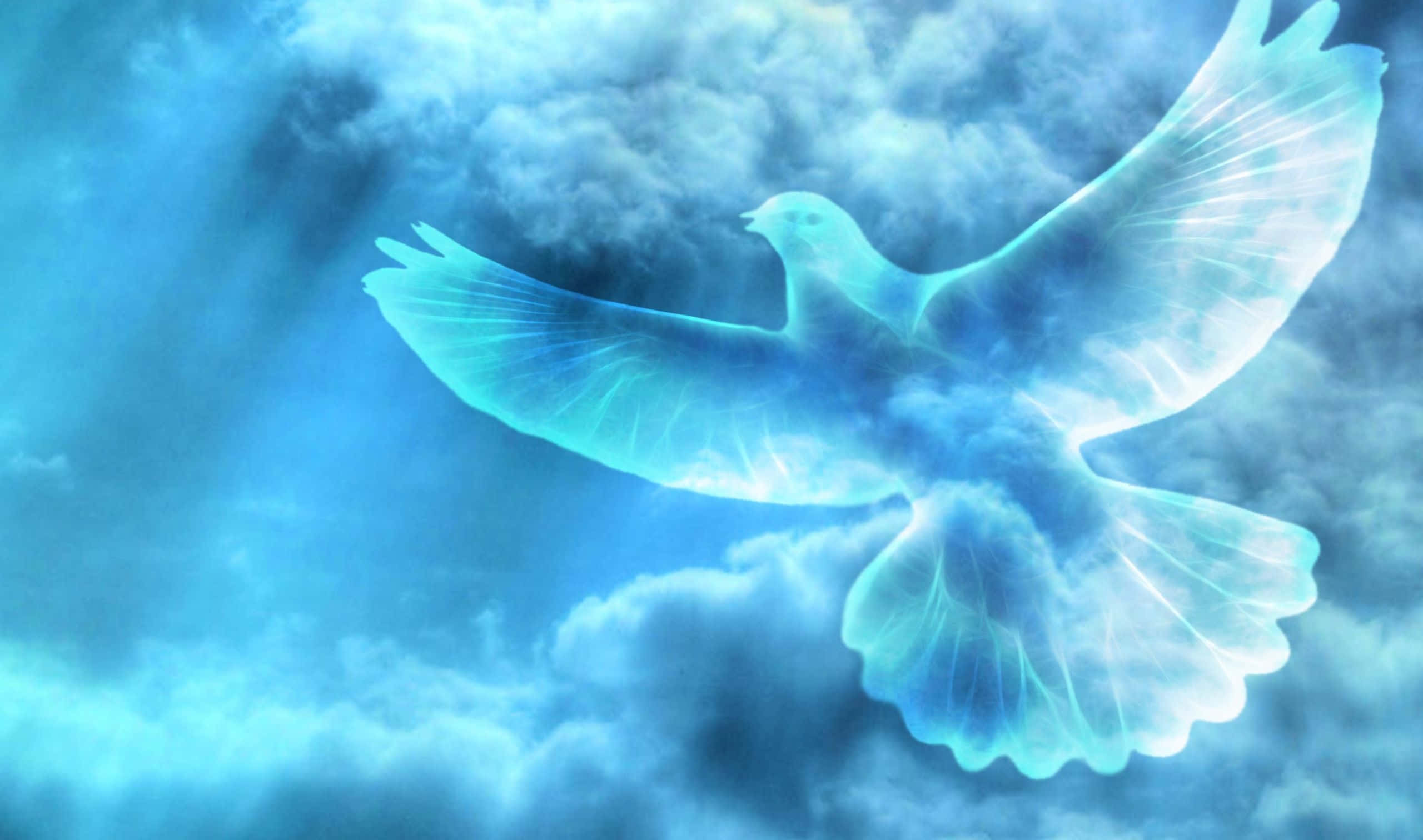 Dove 桌布 壁紙 — 一隻發光的藍色鴿子優雅地翱翔於沐浴在空靈光芒中的漩渦雲層之間。