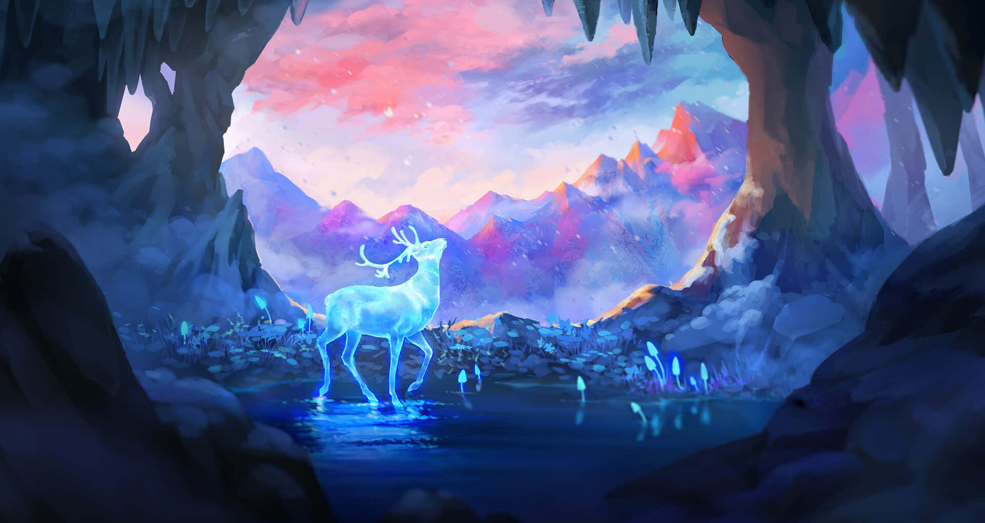 Patronus 桌布 壁紙 — 一隻發光的藍色鹿站在洞穴水池中，倒映著超現實的粉紅和紫色山景日落。