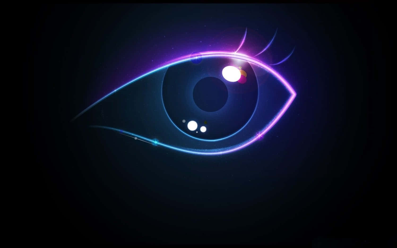 Dark Digital Art 桌布 壁紙 — 一隻發光的賽博格眼睛，帶有霓虹藍和紫色輪廓，在黑暗背景上脈動，周圍漂浮著光球。
