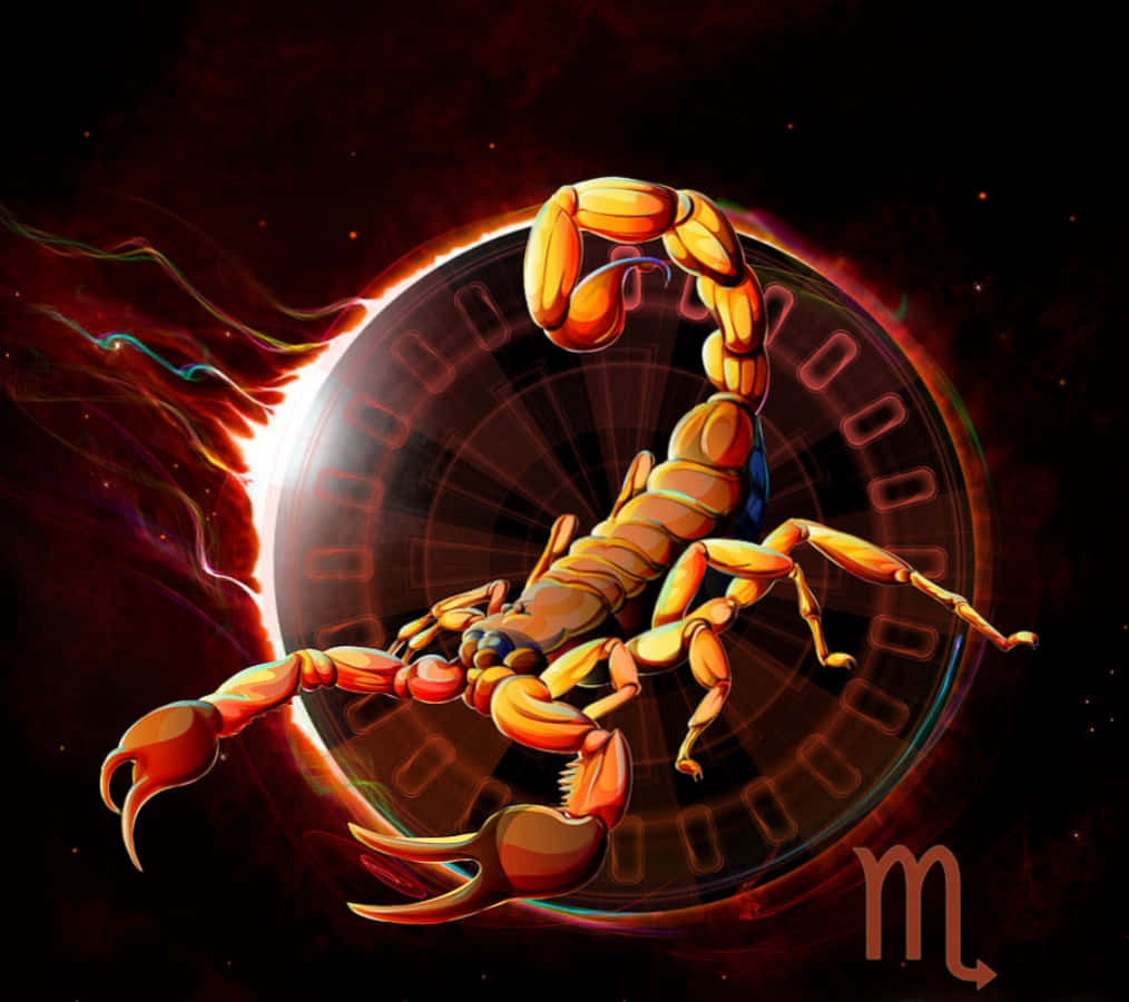 Scorpio 桌布 壁紙 — 一隻發光的金色蠍子在熾熱星雲背景下主宰著宇宙黃道輪。
