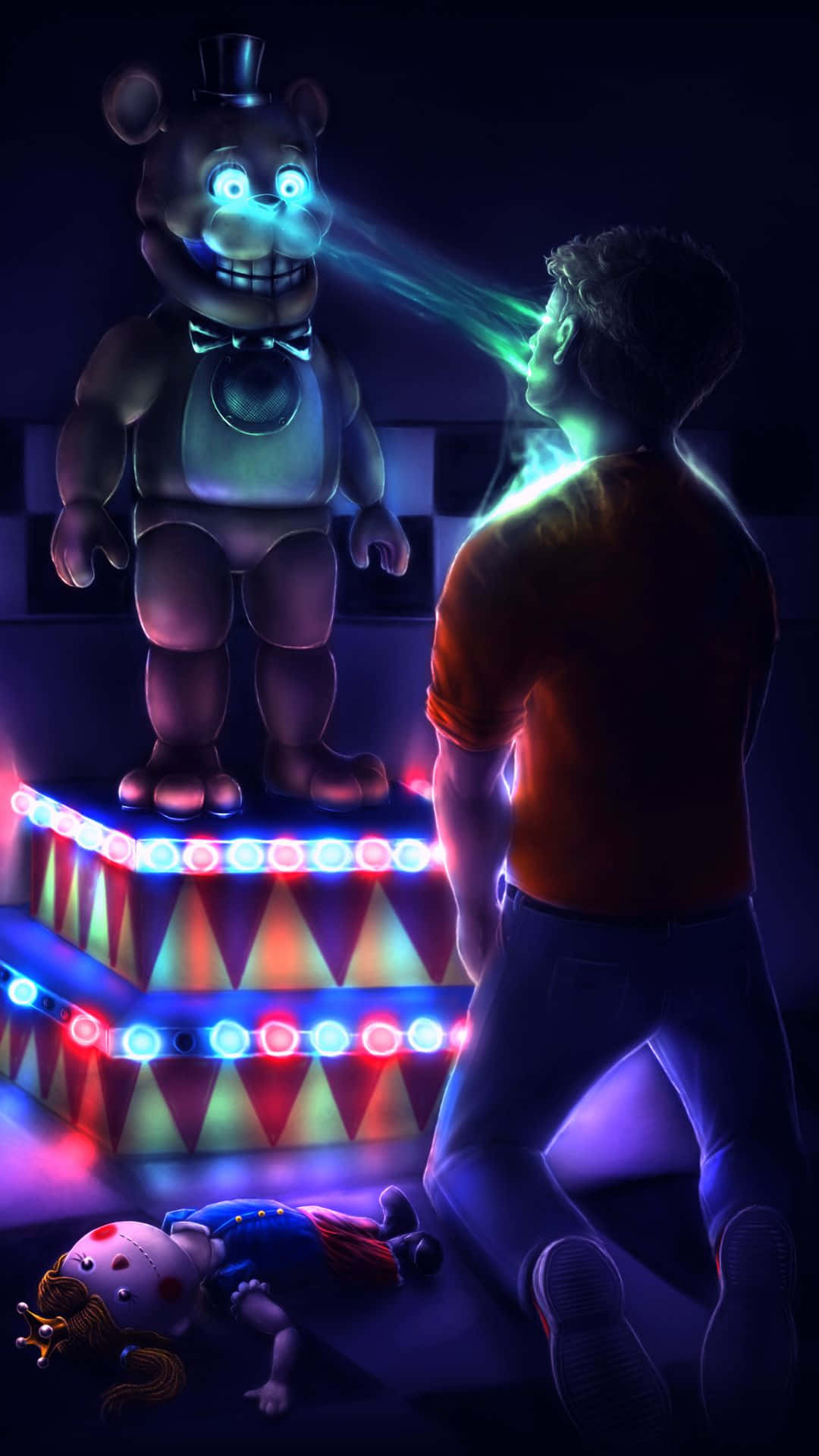 Fazbear Frights 桌布 壁紙 — 一隻發光的電子動畫熊在黑暗、霓虹燈照亮的舞台上向一個跪著的男孩發射光束。