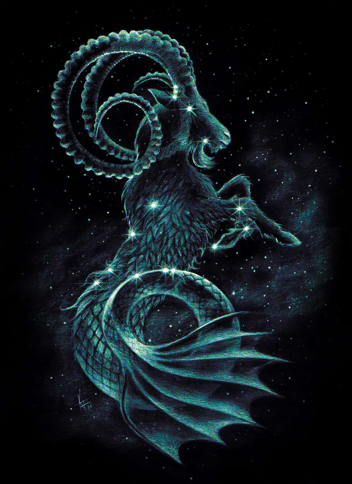 山羊座 桌布 壁紙 — 一隻發光的青綠色公羊，長著星形角和尾巴，威嚴地站在點綴著閃爍星星的黑暗宇宙背景前。