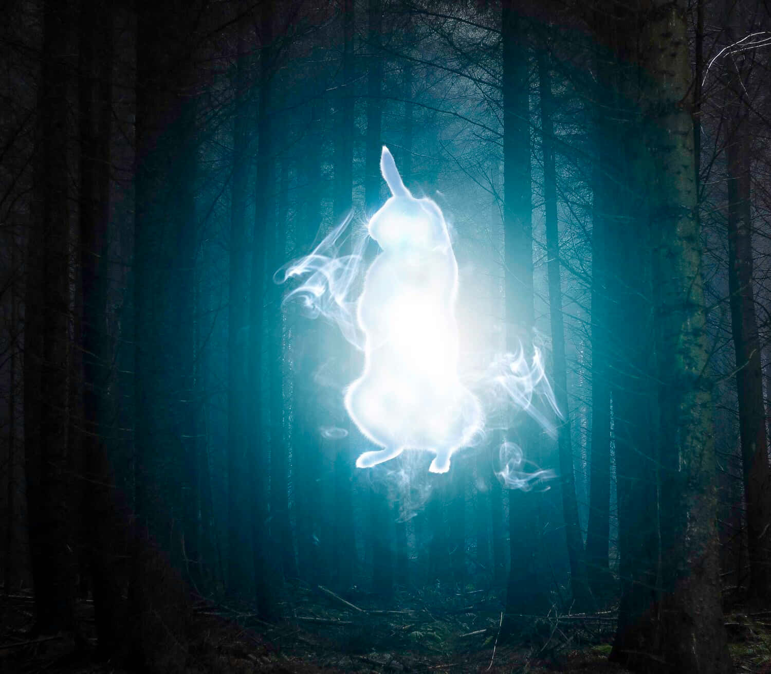 Patronus 桌布 壁紙 — 一隻發光的鬼魅兔子漂浮在陰森藍光籠罩的黑暗迷霧森林中。