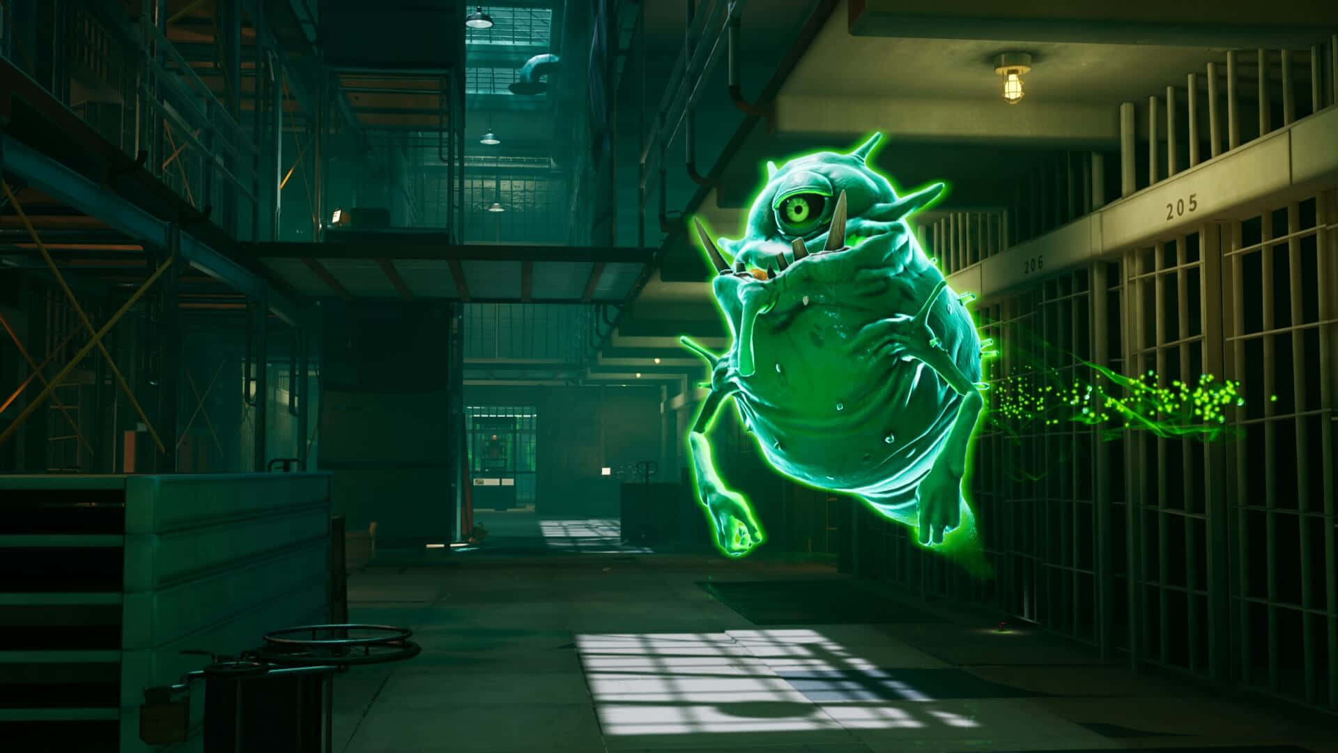 Ghostbusters 桌布 壁紙 — 一隻發光綠色、擁有尖牙和單眼的鬼魅生物，在燈光昏暗的監獄走廊中威脅性地飄浮。