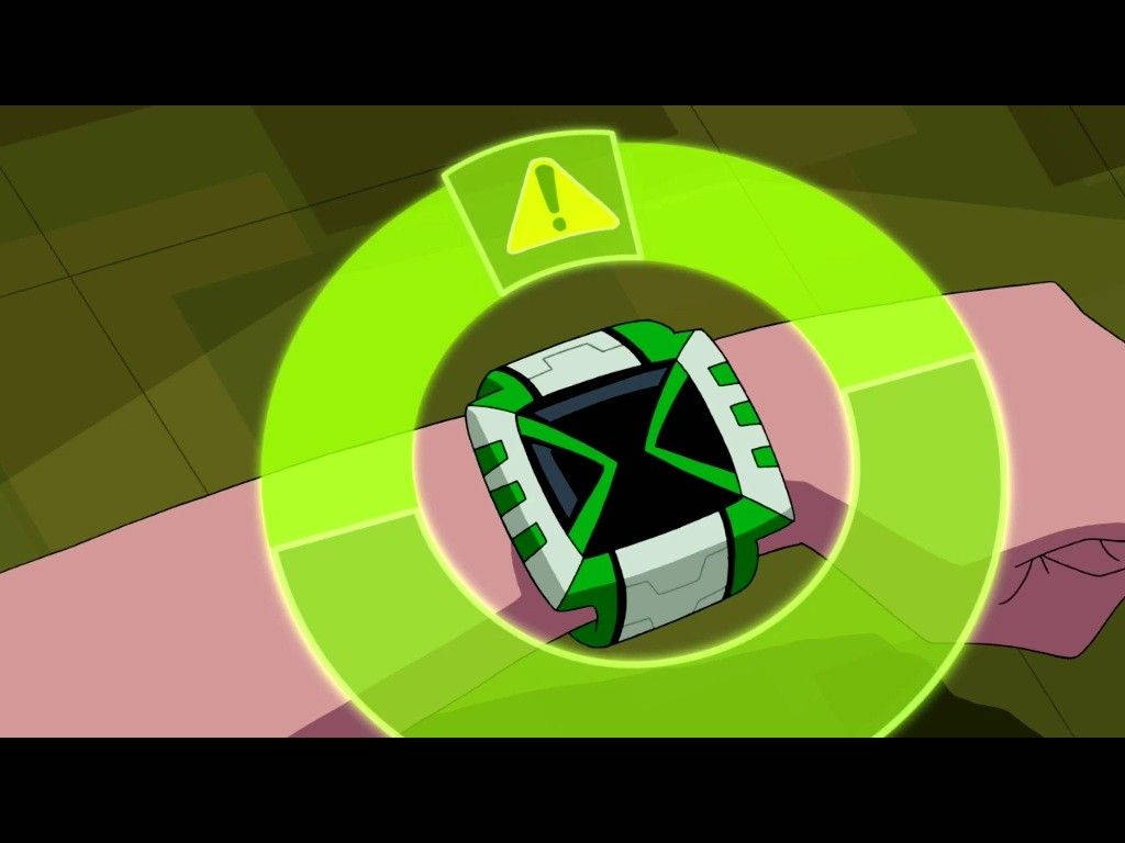 Ben 10 Omnitrix 桌布 壁紙 — 一隻發光綠色外星人手錶帶有警告標誌，在深色幾何背景前的粉紅色手腕上跳動。