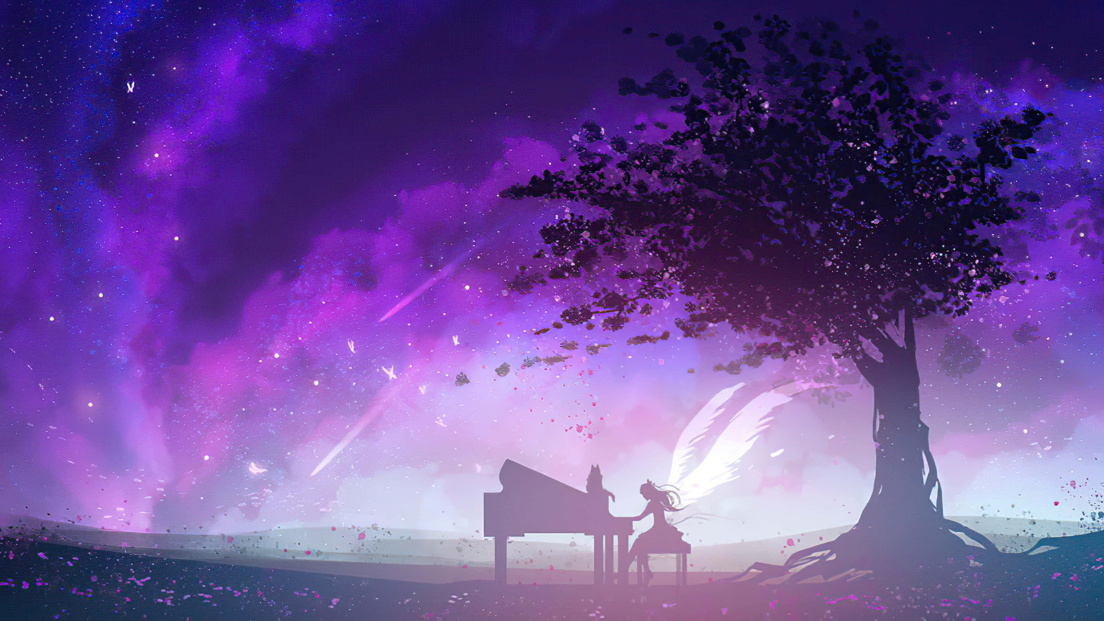 dreamy 桌布 壁紙 — 一隻發光翅膀的精靈喺紫色星空下嘅大樹旁邊彈鋼琴。