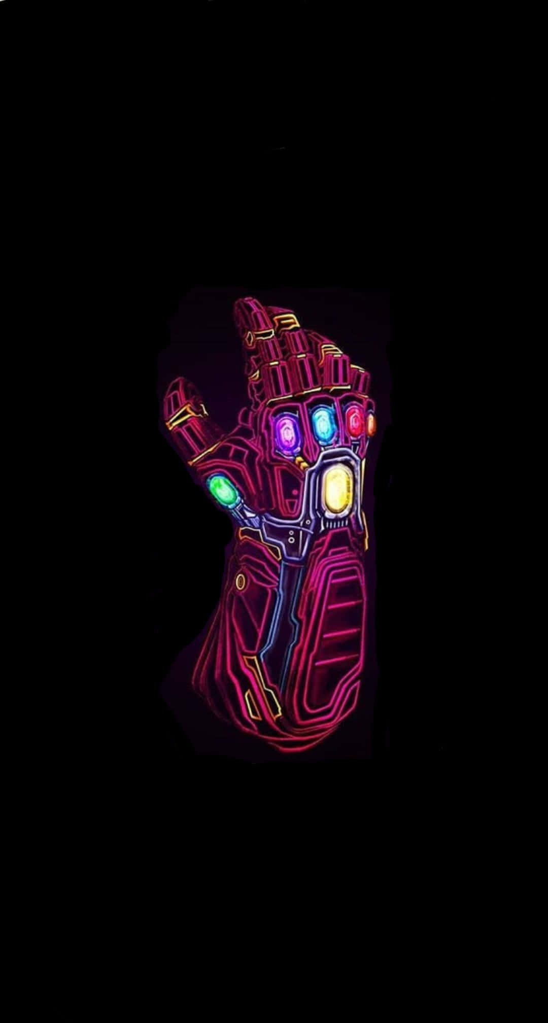 Infinity Gems 桌布 壁紙 — 一隻發光霓虹色的無限手套，鑲有六顆鮮豔的寶石，在漆黑的背景上脈動。