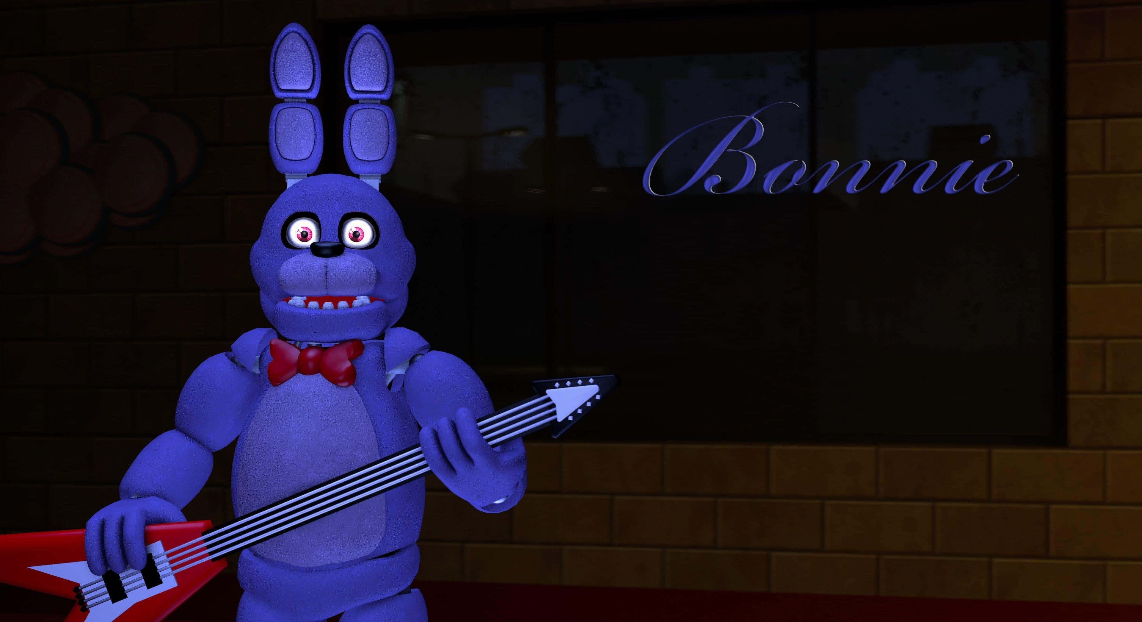 Bonnie The Bunny 桌布 壁紙 — 一隻發著光的藍色電子動畫兔子，在昏暗的磚房裡拿著一把紅色低音結他，神情兇猛。