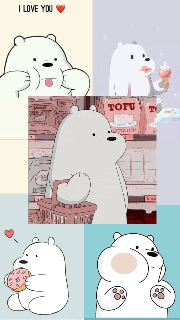 We Bare Bears 桌布 壁紙 — 一隻白色卡通熊在粉彩背景中以各種可愛姿勢與食物和心形圖案組成的拼貼畫。