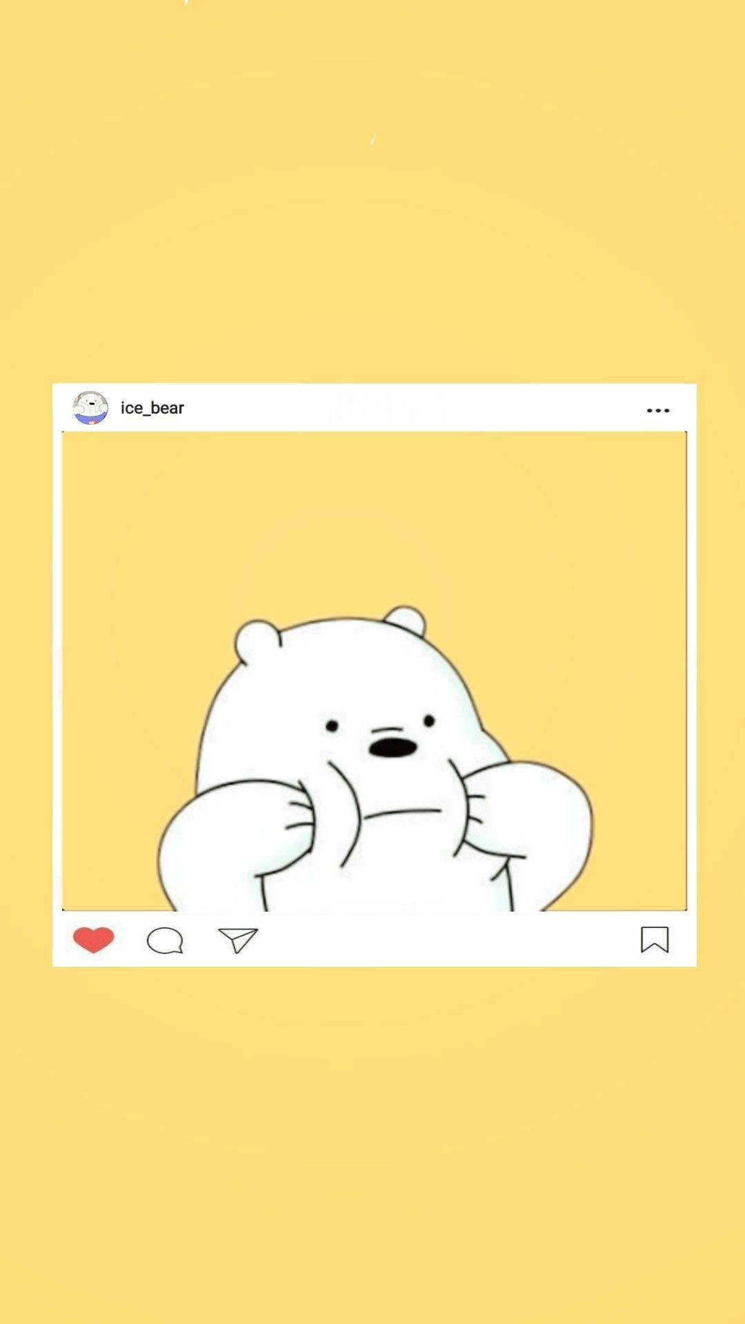 We Bare Bears 桌布 壁紙 — 一隻白色卡通熊帶著沉思的表情，從社交媒體帖子框架後面窺視，背景是純黃色。