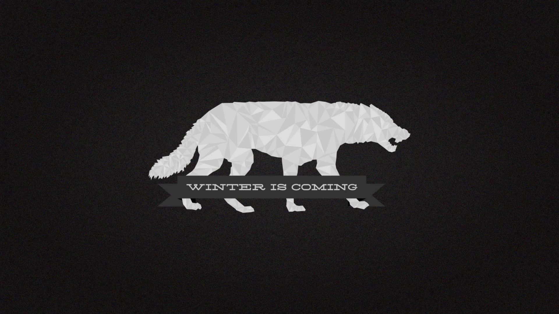 Wolf Minimalist 桌布 壁紙 — 一隻白色幾何狼剪影在黑色背景上大步前行，並帶有寫著冬天來了 的橫幅。