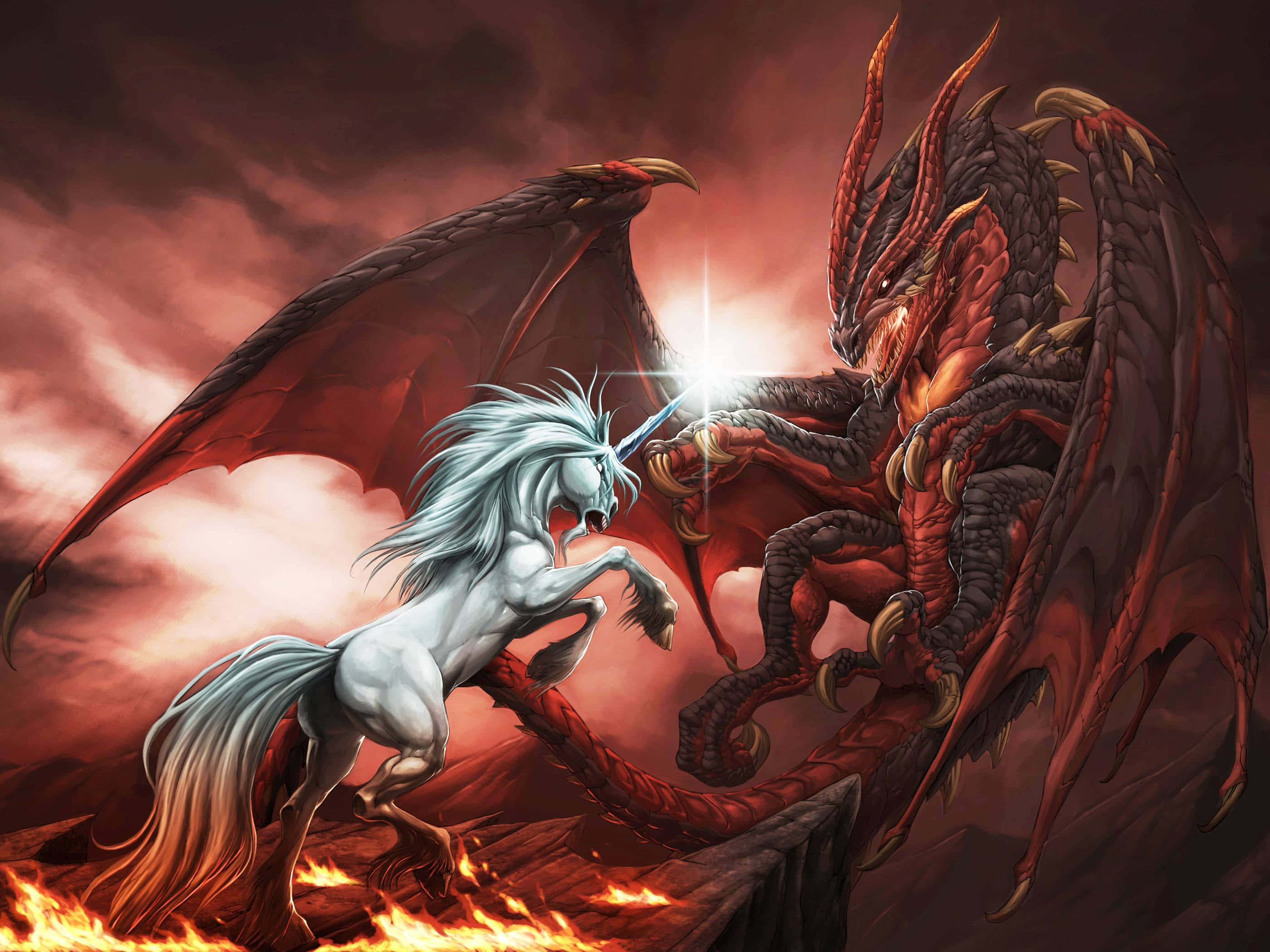 Myths 桌布 壁紙 — 一隻白色獨角獸，發光的角與一條巨大的紅色巨龍在熾熱的熔岩和暴風雨的天空中交鋒。