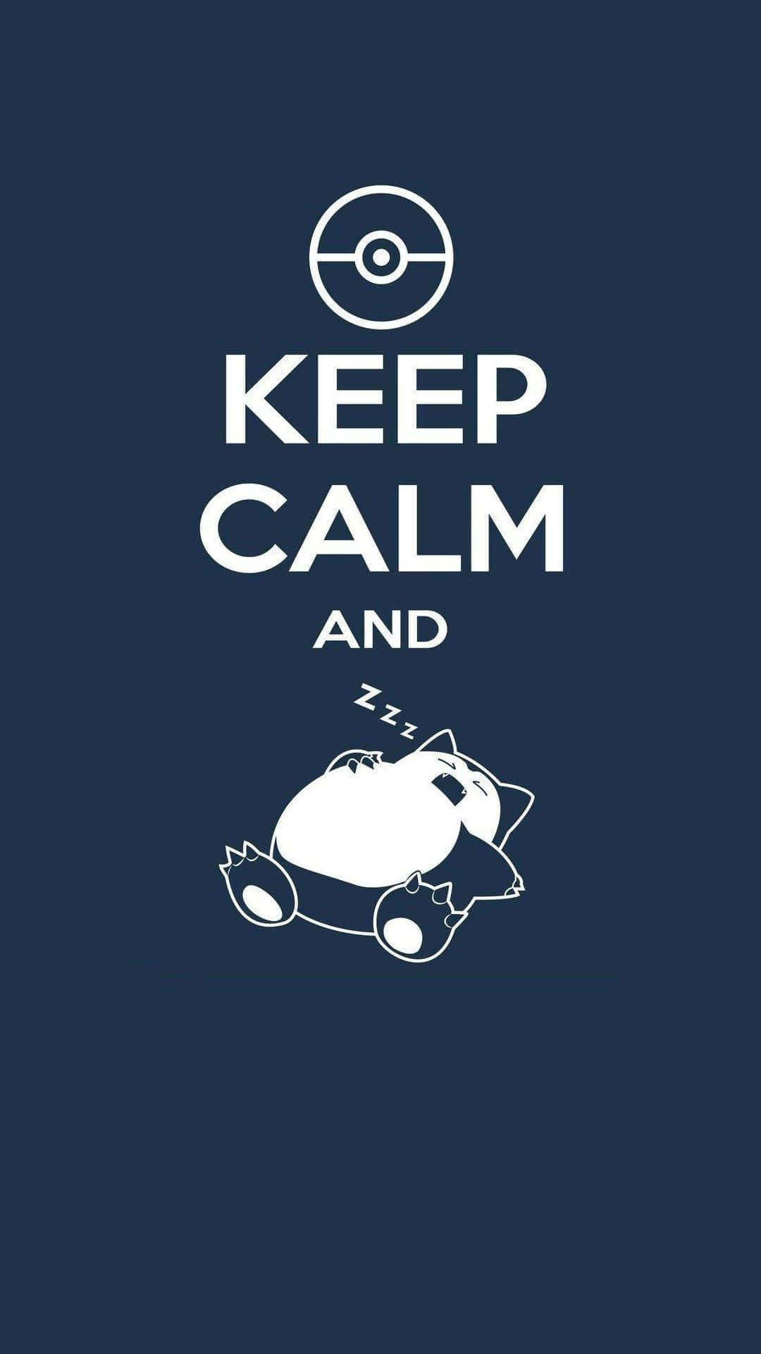 卡比獸在「Keep Calm and」文字下方，帶有精靈球圖標，在深藍色背景上睡覺。 — 粉紅色 iPhone 壁紙