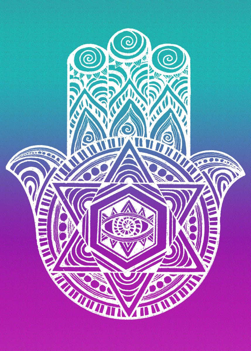 Hamsa 桌布 壁紙 — 一隻白色華麗的哈姆薩之手，中央有保護之眼，置於充滿活力的青綠色到紫色漸變背景上。