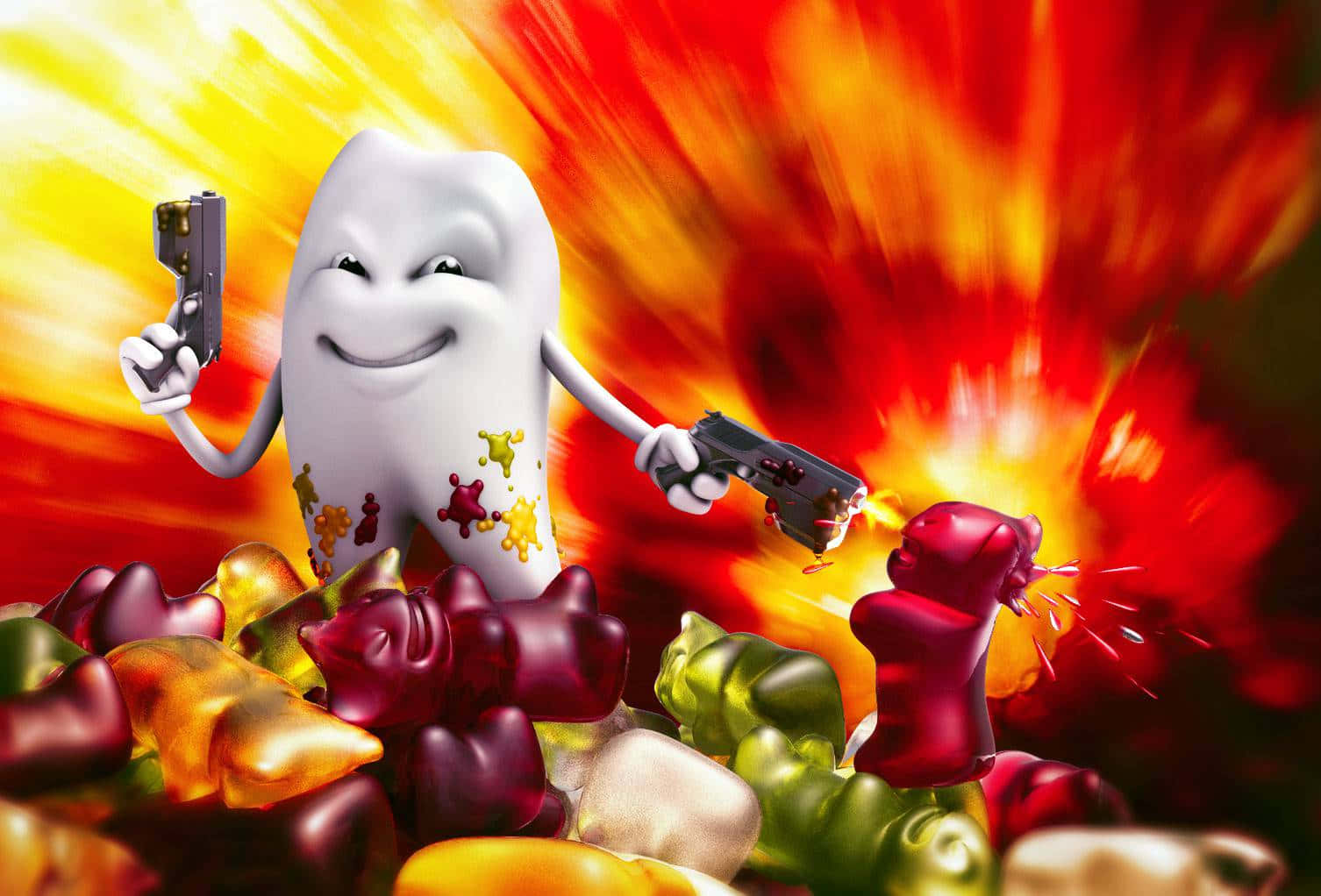 Tooth 桌布 壁紙 — 一隻白色軟糖熊角色在火焰爆炸中揮舞著兩把手槍，周圍環繞著色彩繽紛的軟糖熊。