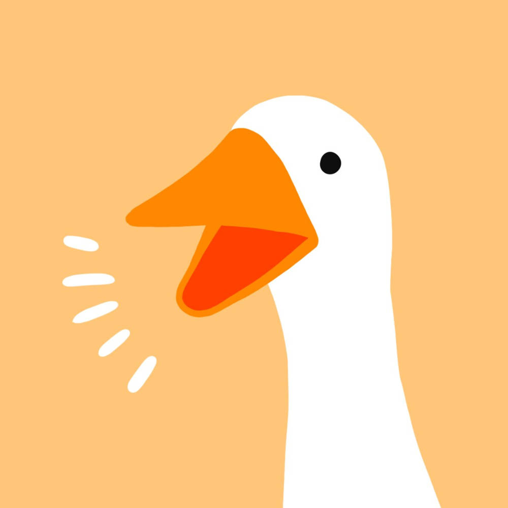 Duck 桌布 壁紙 — 一隻白色鵝，橙色喙，在純蜜桃色背景上呱呱叫的極簡插圖。