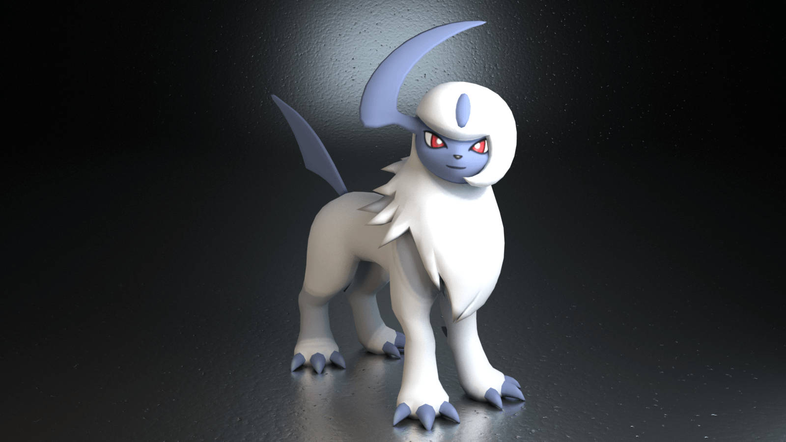 3D Absol 壁紙 — 一隻白藍色、身形流線型的寶可夢，雙眼發出紅光，在戲劇性聚光燈下立於深色紋理背景前。