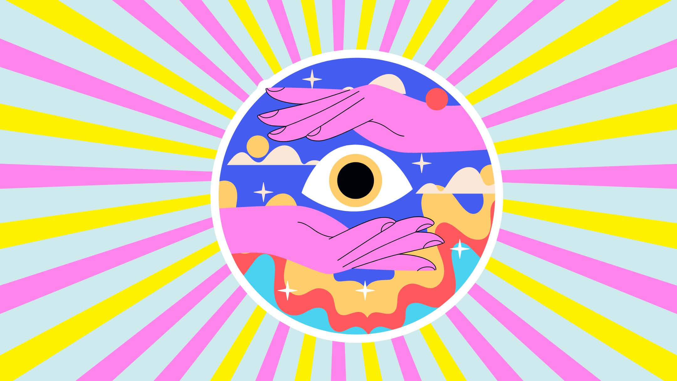 一隻眼睛的插畫，背景有雙手 壁紙