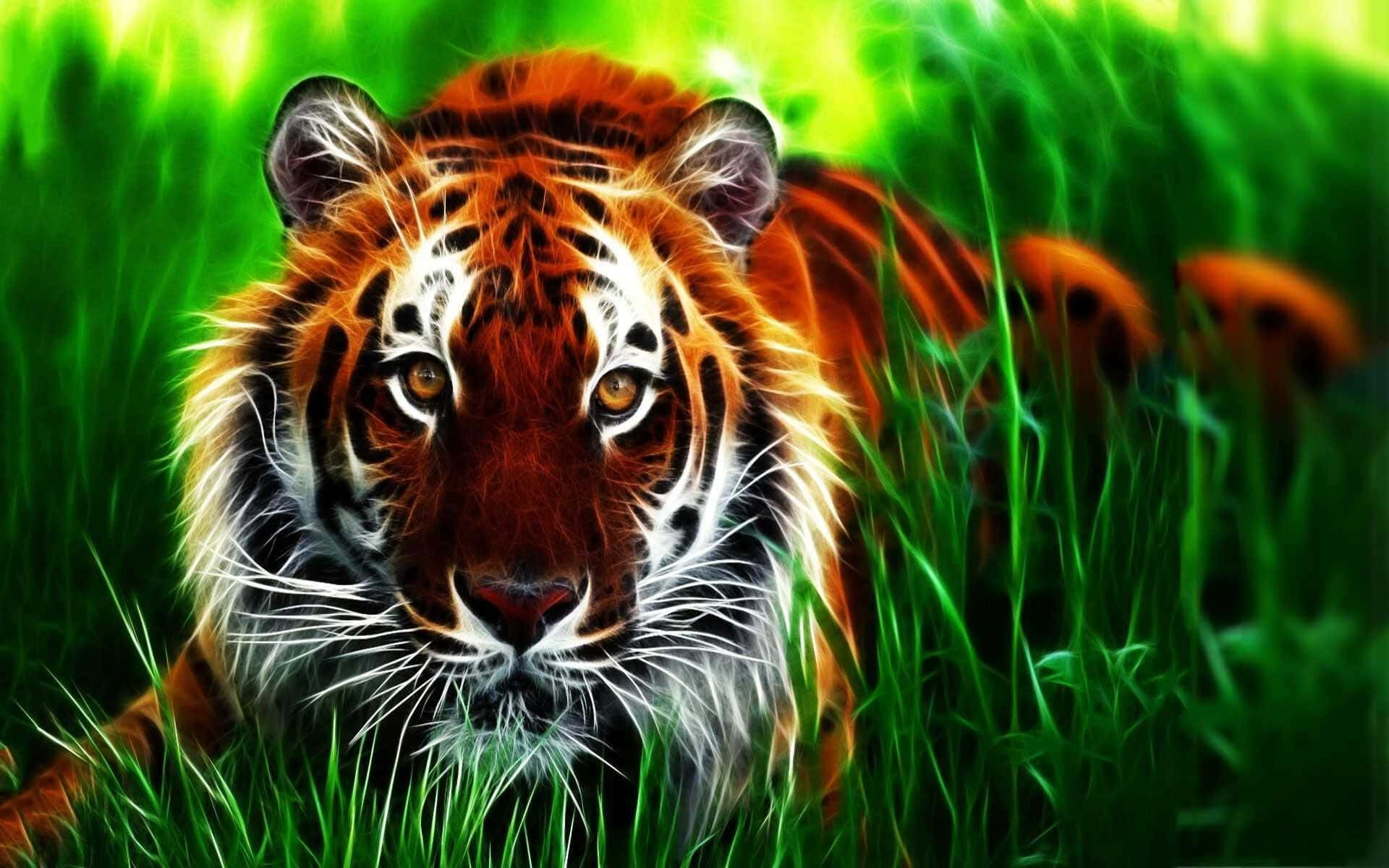 3d Animal 桌布 壁紙 — 一隻眼神發光的兇猛老虎在明亮的日光下從充滿活力的綠草中凝視著。