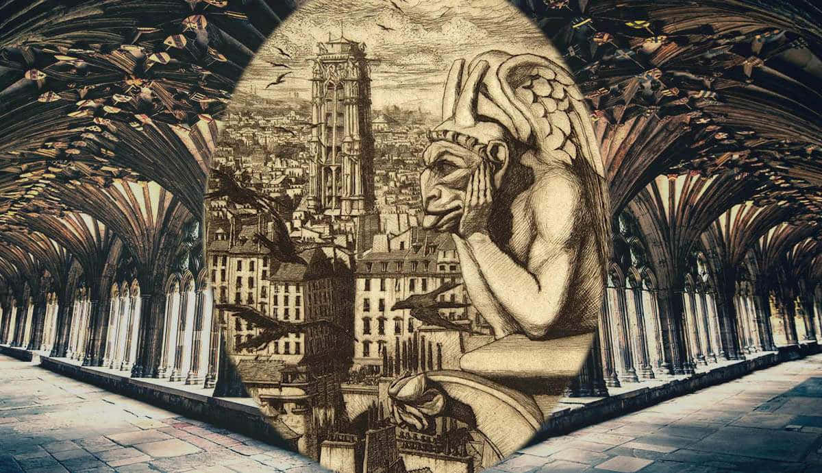 Gothic Architecture 桌布 壁紙 — 一隻石像鬼雕像俯瞰著哥德式大教堂的石拱門和以懷舊褐色調展現的廣闊歐洲城市景觀。