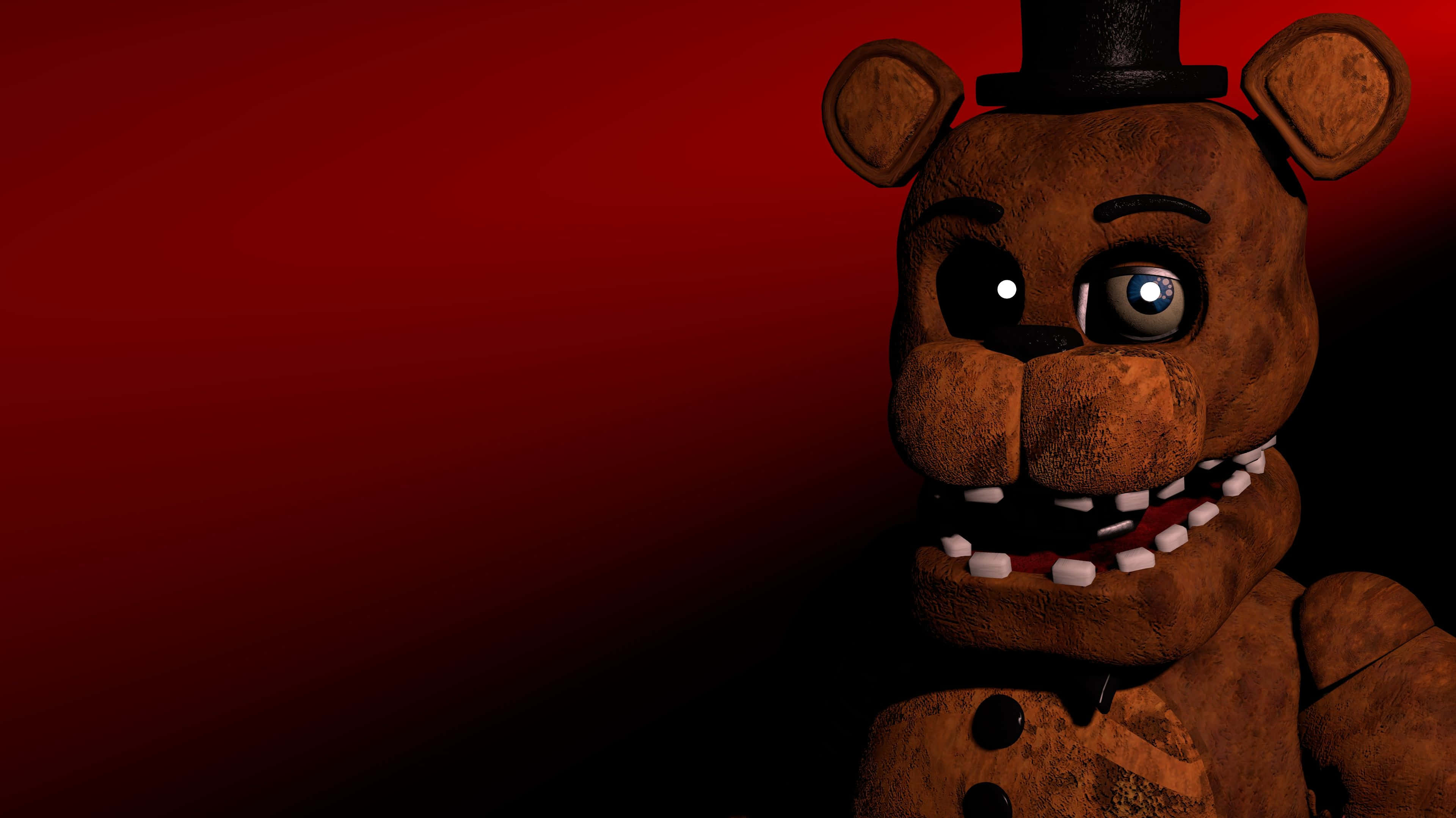 Freddy 桌布 壁紙 — 一隻破舊的棕色機械熊，戴著高頂帽，眼睛發光，凝視著深紅色漸變背景。