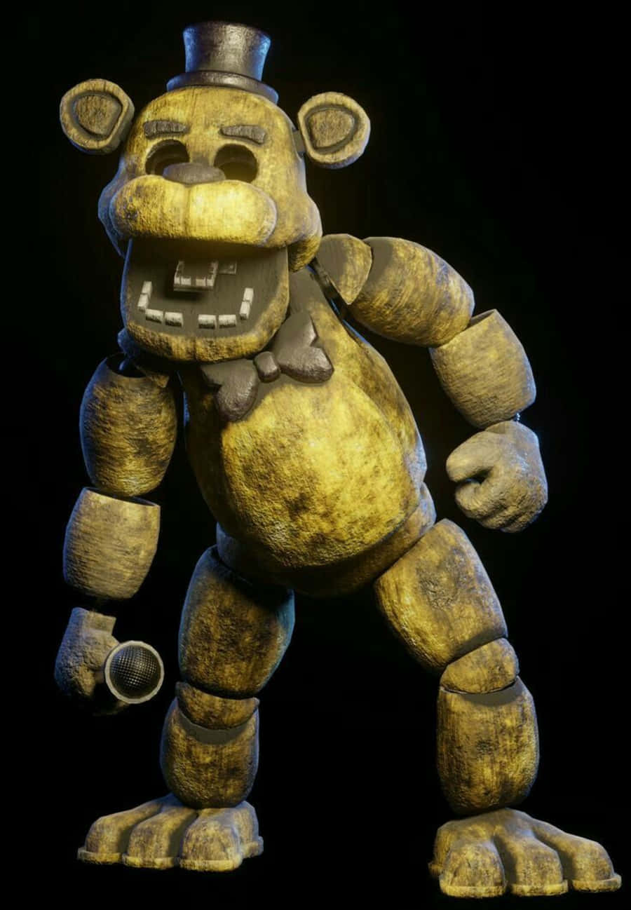 Golden Freddy 桌布 壁紙 — 一隻破舊的金色電子熊，戴著高頂帽，牙齒斷裂，站在黑色背景前。