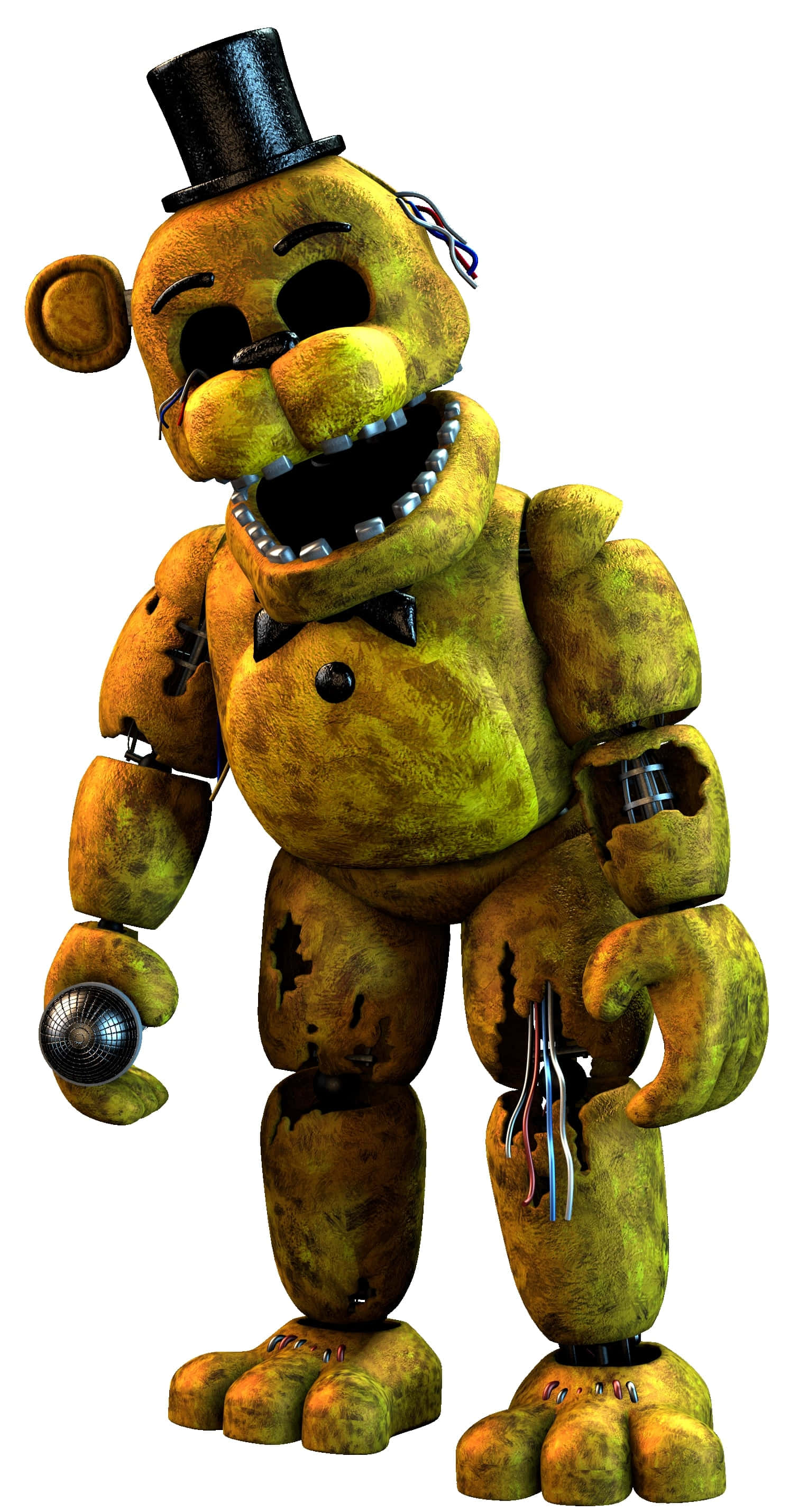Golden Freddy 桌布 壁紙 — 一隻破舊的黃色電子熊，戴著高頂帽和領結，露出電線，張著大嘴露出牙齒微笑。