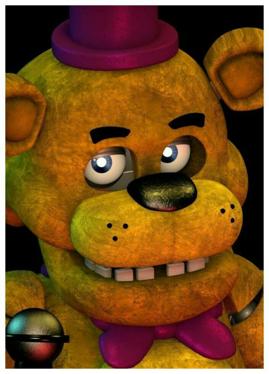 Golden Freddy 桌布 壁紙 — 一隻磨損的黃色電子熊，戴著紫色高帽和領結，在黑色背景前的特寫。