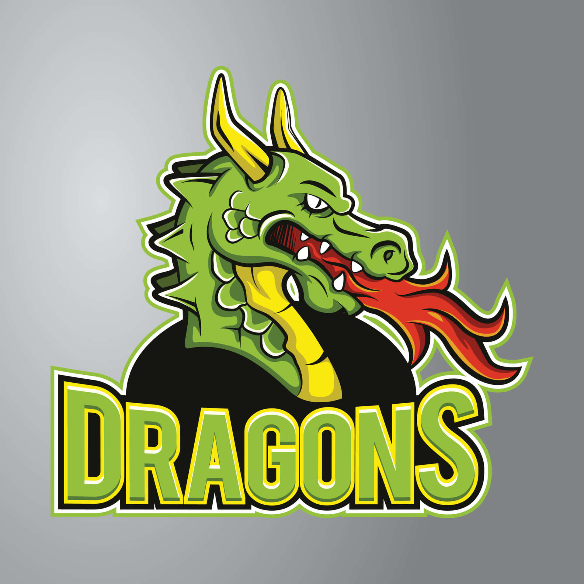 綠色龍吉祥物帶火焰在「DRAGONS」文字上方噴火。