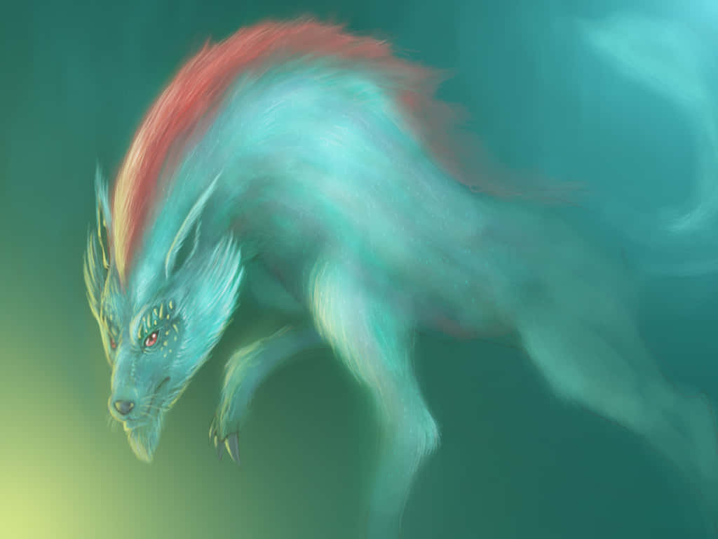 Mythical Wolf 桌布 壁紙 — 一隻神秘嘅藍色毛髮生物，紅色鬃毛，喺朦朧嘅藍綠色水下場景中滑行。