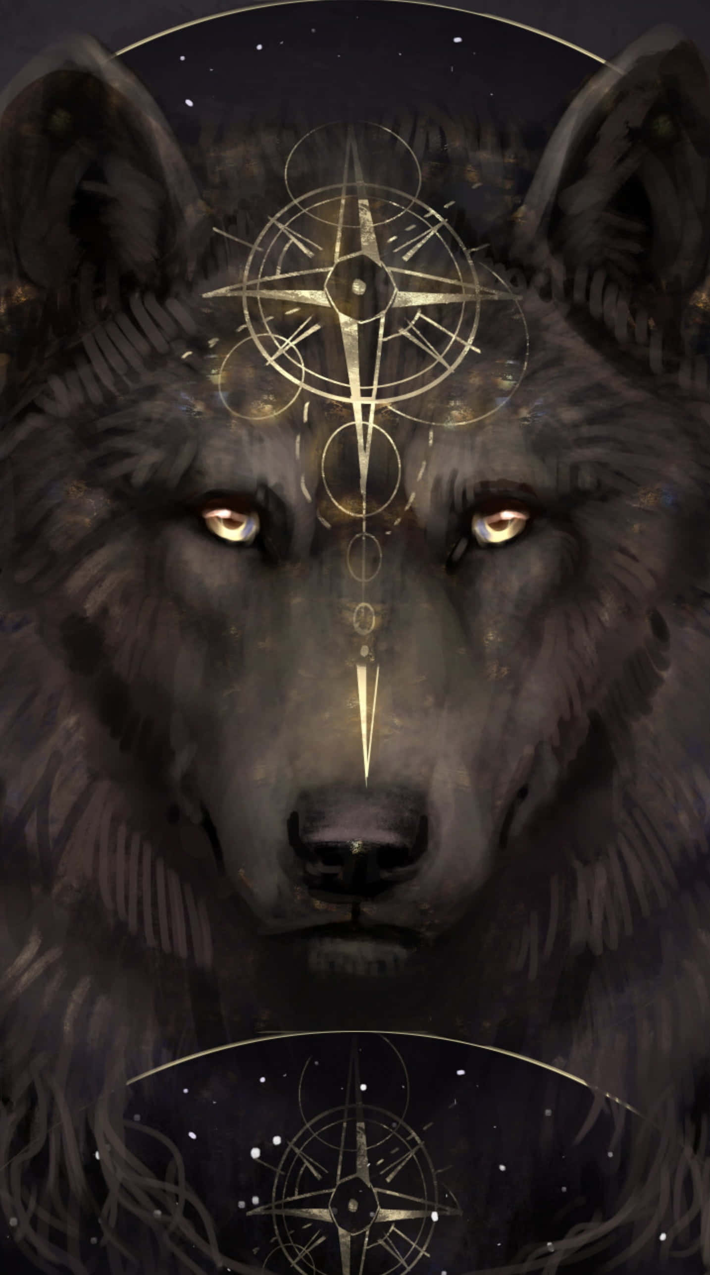 Tribal Wolf 桌布 壁紙 — 一隻神秘的黑色狼，擁有發光的琥珀色眼睛和額頭上刻有金色指南針符號，背景是繁星點點的夜空。